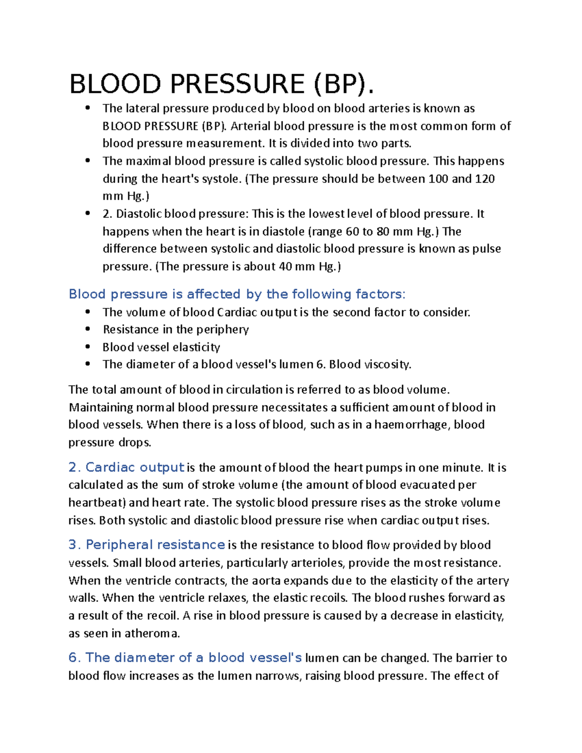 Blood Pressure - Lecture notes 3-7 - BLOOD PRESSURE (BP). The lateral ...