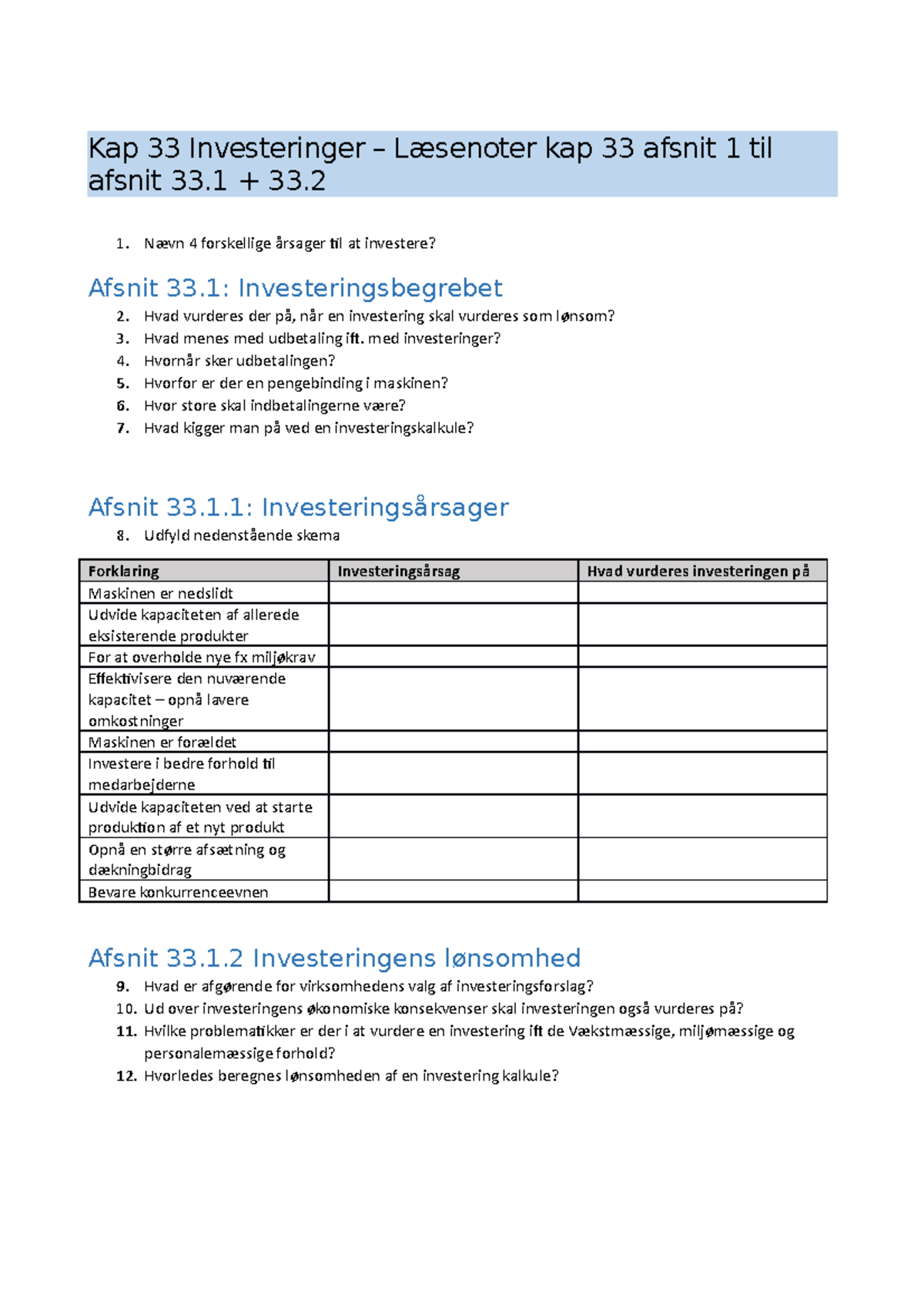 Kap 33 Investeringer læsenoter 1del - Kap 33 Investeringer – Læsenoter ...