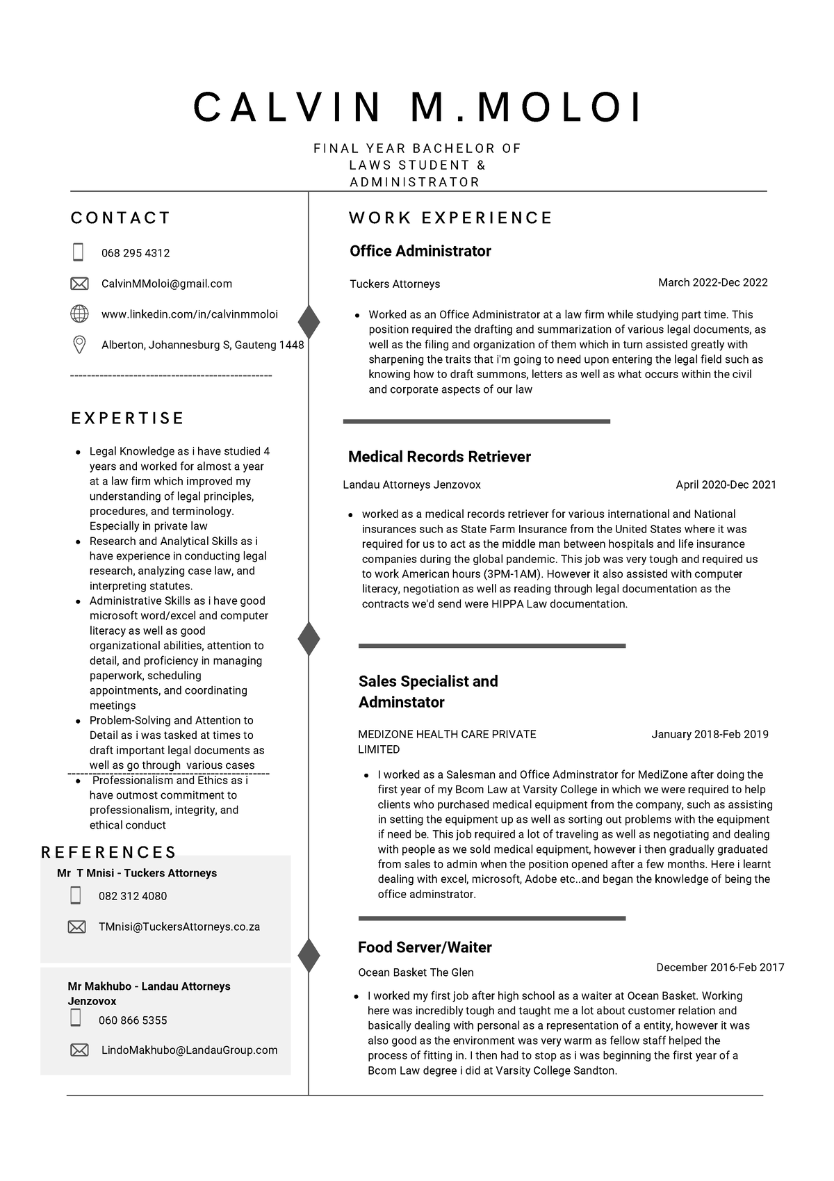 Minimalist White and Grey Professional Resume - KSK1601 - Unisa - Studocu