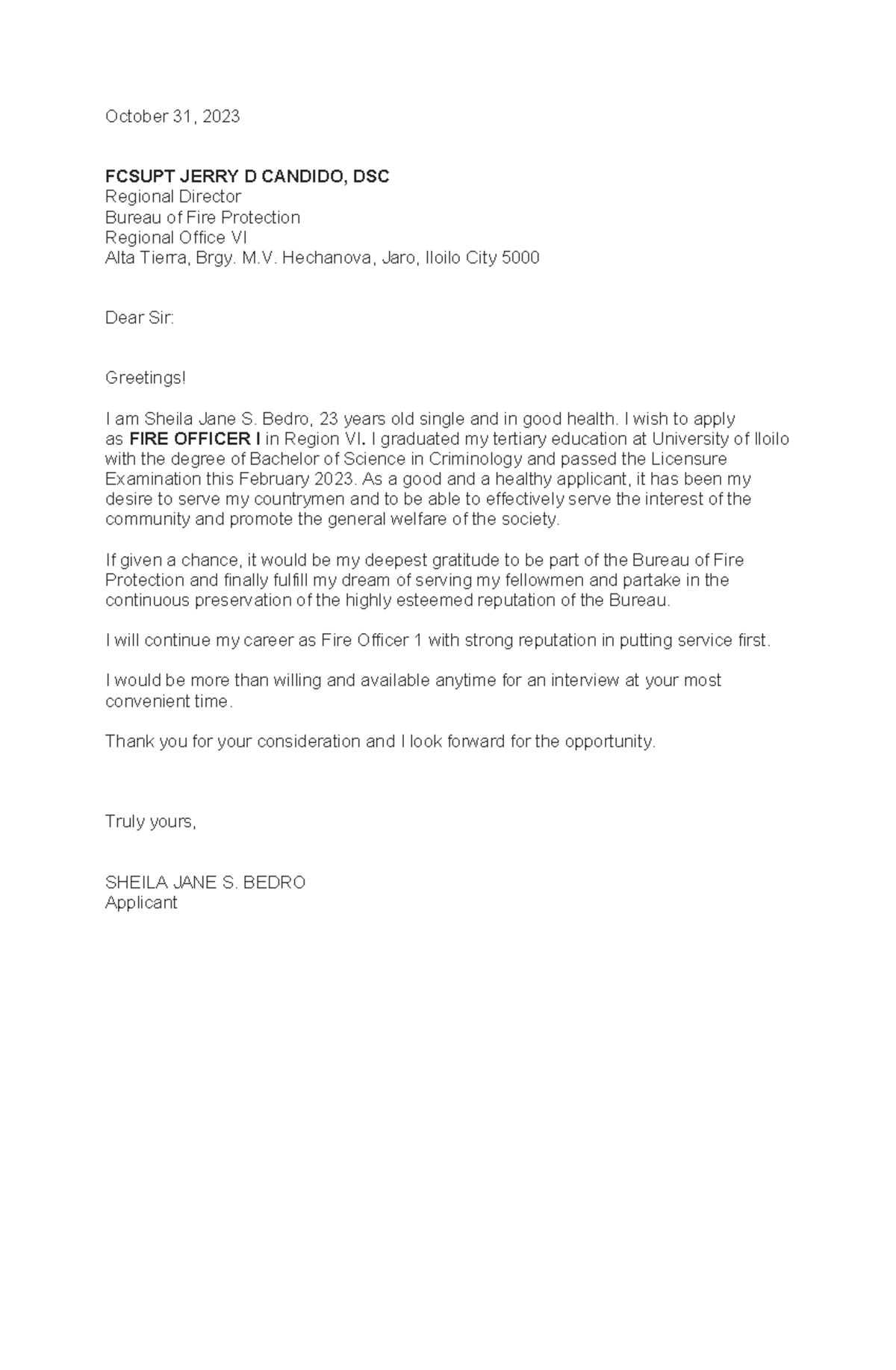 application letter - October 31, 2023 FCSUPT JERRY D CANDIDO, DSC ...