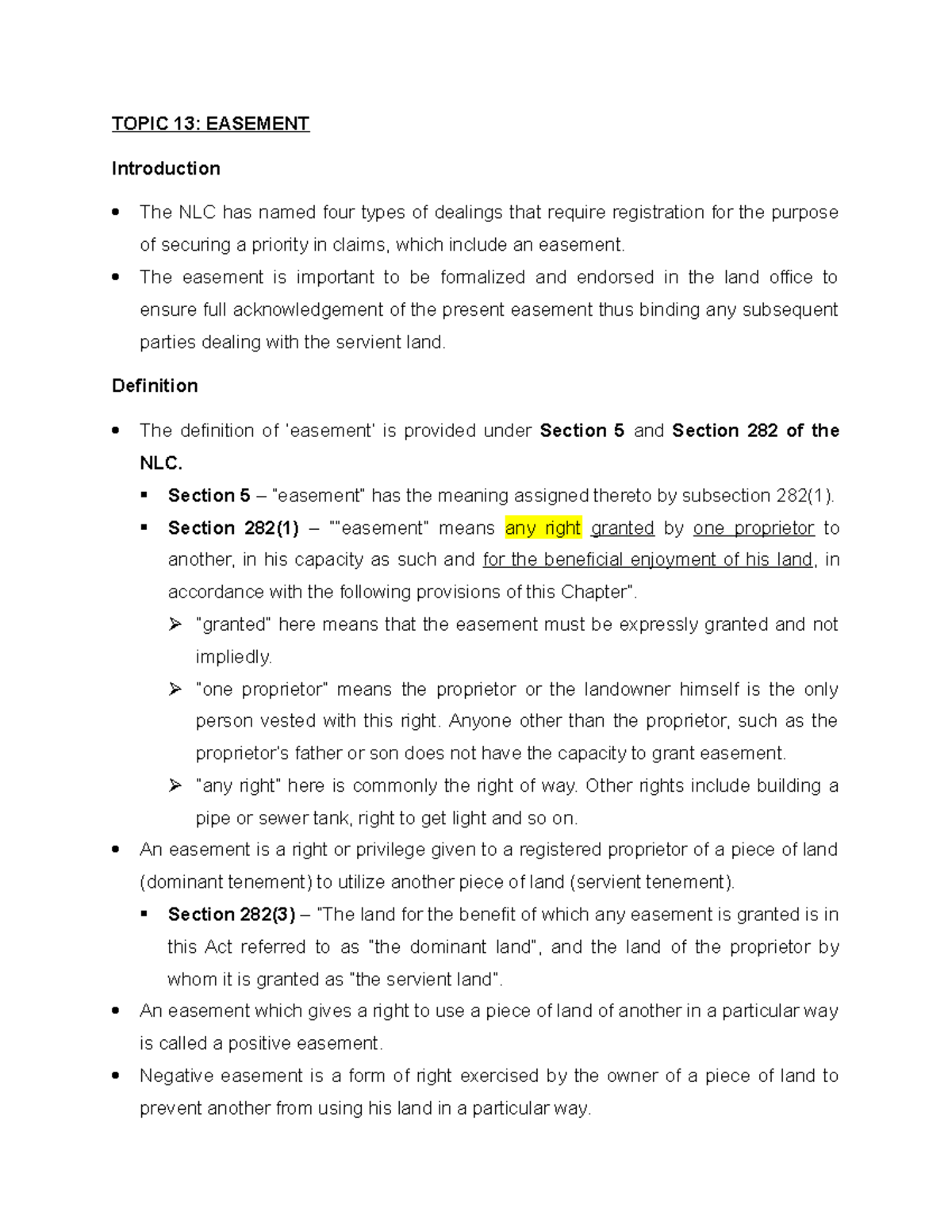 Topic 13 Easement - TOPIC 13: EASEMENT Introduction The NLC has named ...