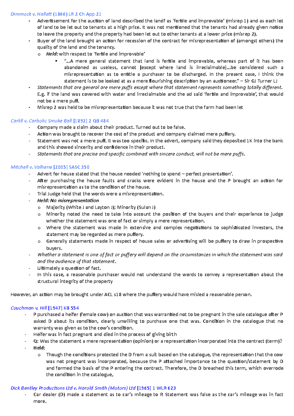 Law Of Contract B - Summary - Summaries - Dimmock V. Hallett (1866) LR ...