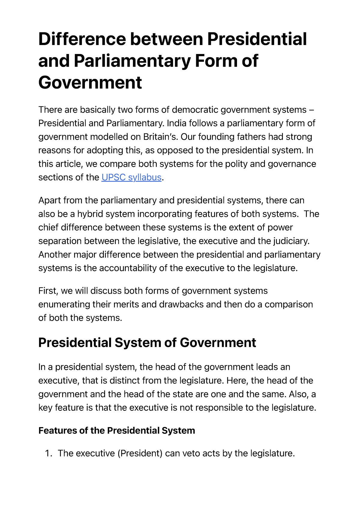 essay on parliamentary form of government