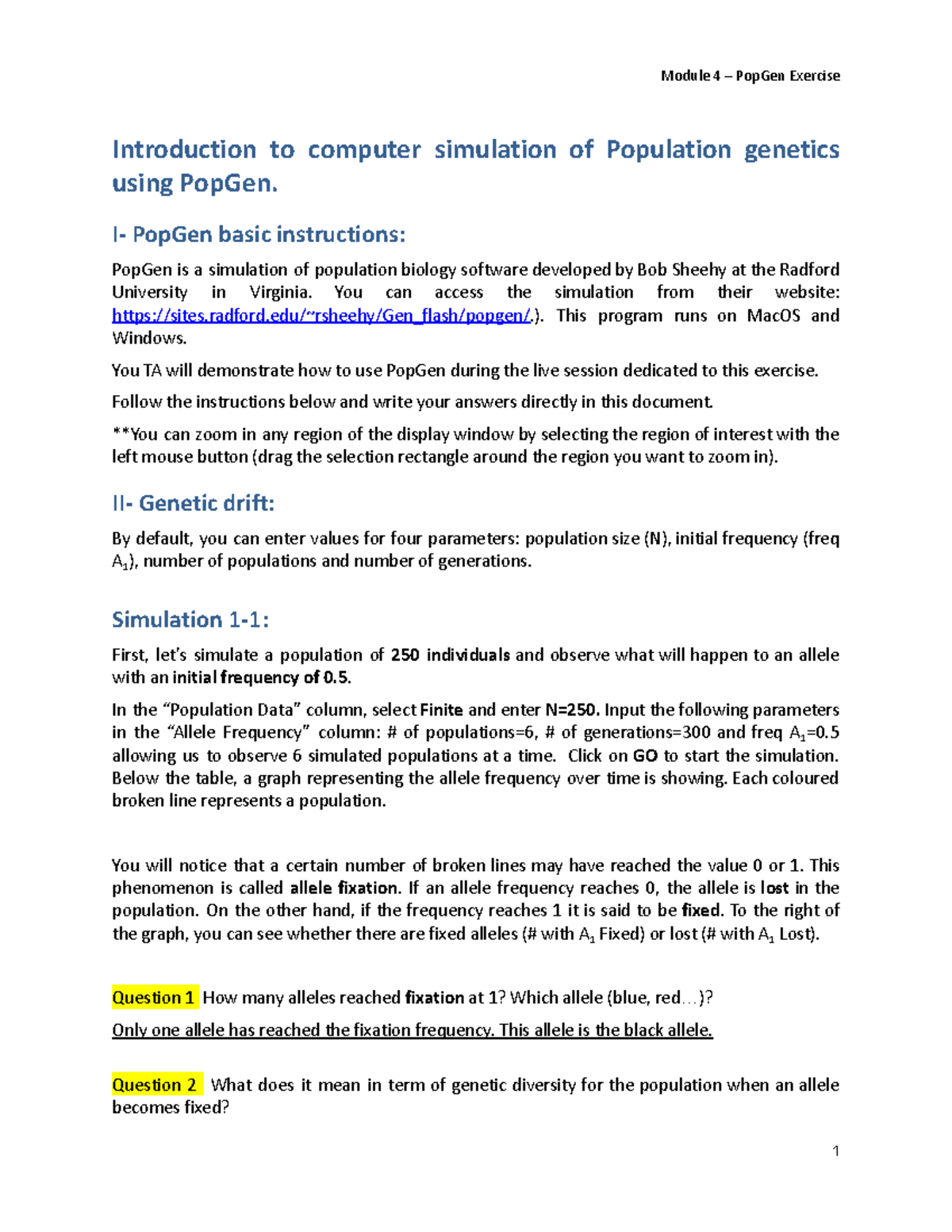 Pop Gen questions - These are the answers for the Lab report on PopGen ...