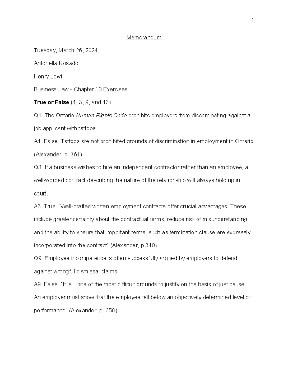 Business Law Chapter 10 Exercises 1 Memorandum Tuesday March 26 2024 Antonella Rosado Henry Business Law Chapter 10 Exercises 1 Memorandum Tuesday March 26 2024 Antonella Rosado Henry