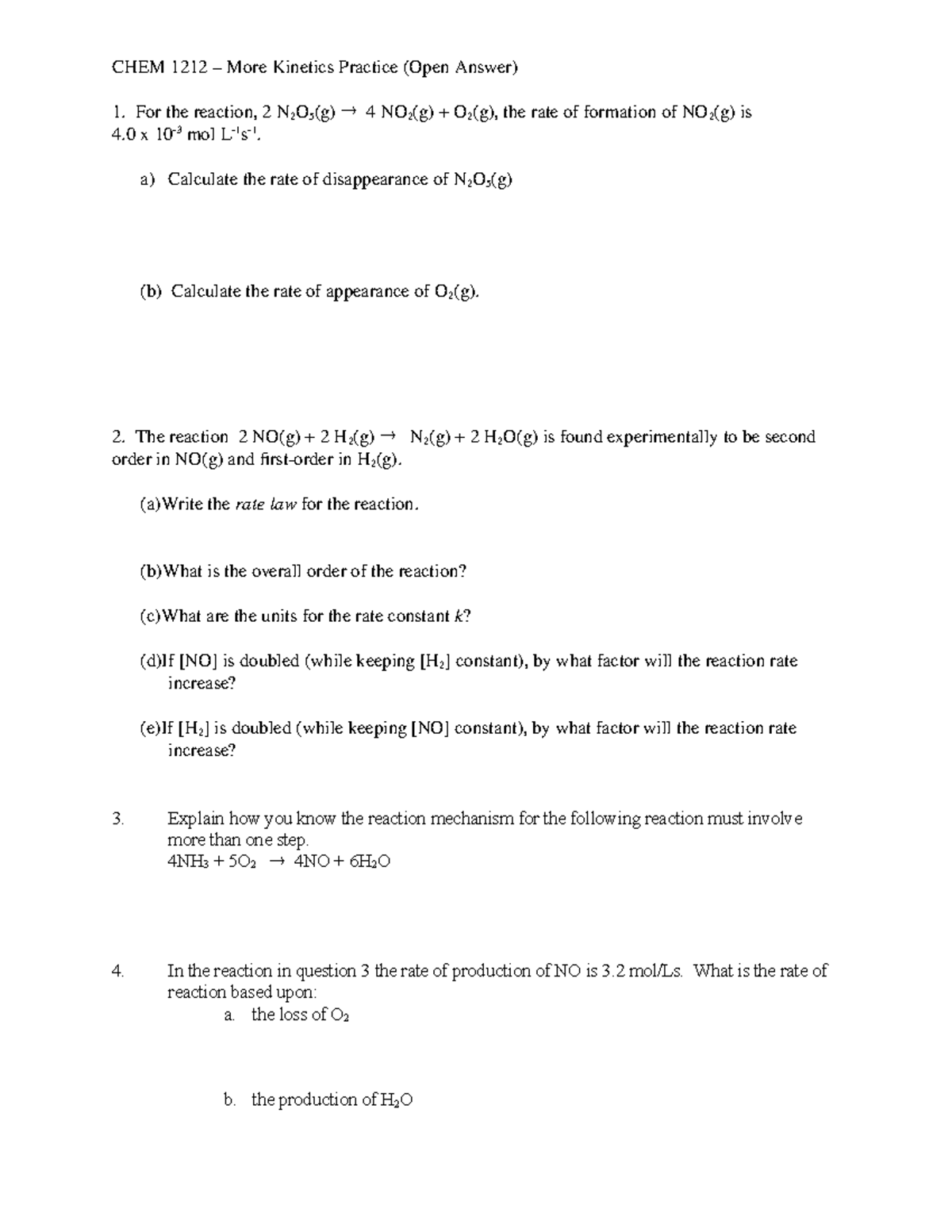 More kinetics practice - For the reaction, 2 N2O5(g) 4 NO2(g) O2(g ...