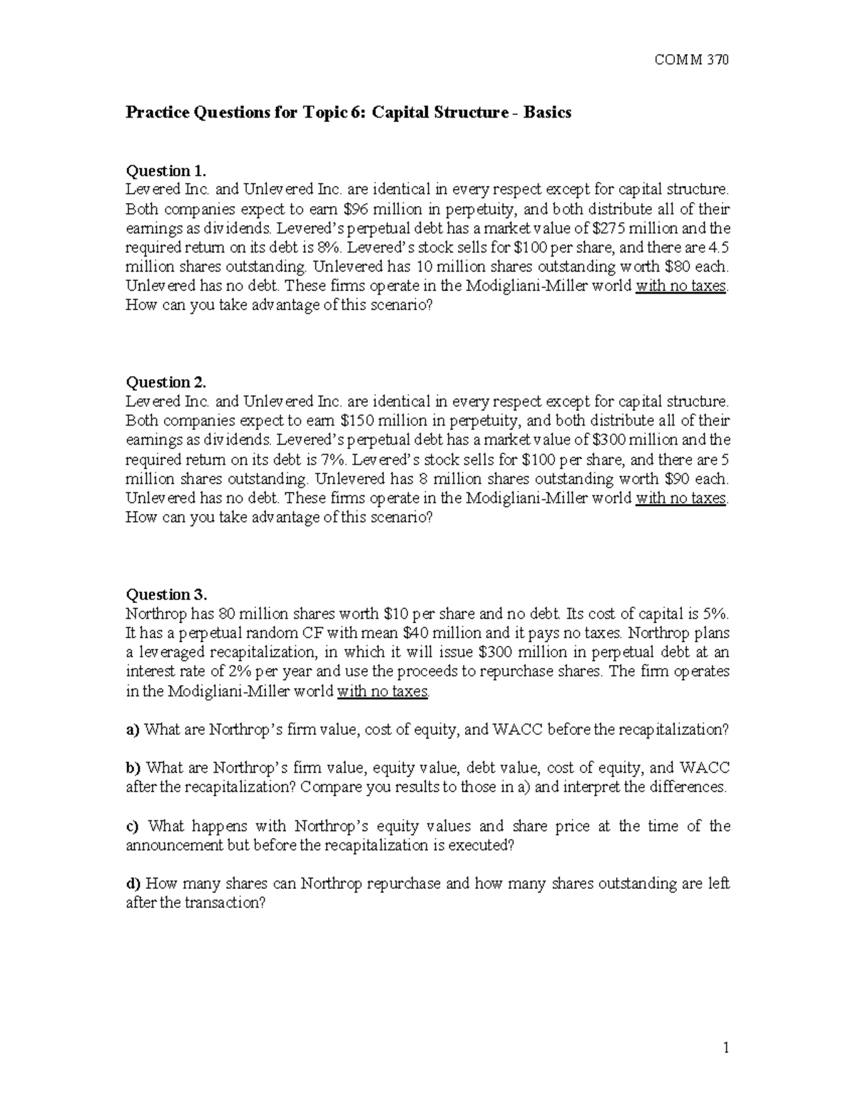 Topic 6 - Capital Structure Basics - Practice Questions - Practice ...