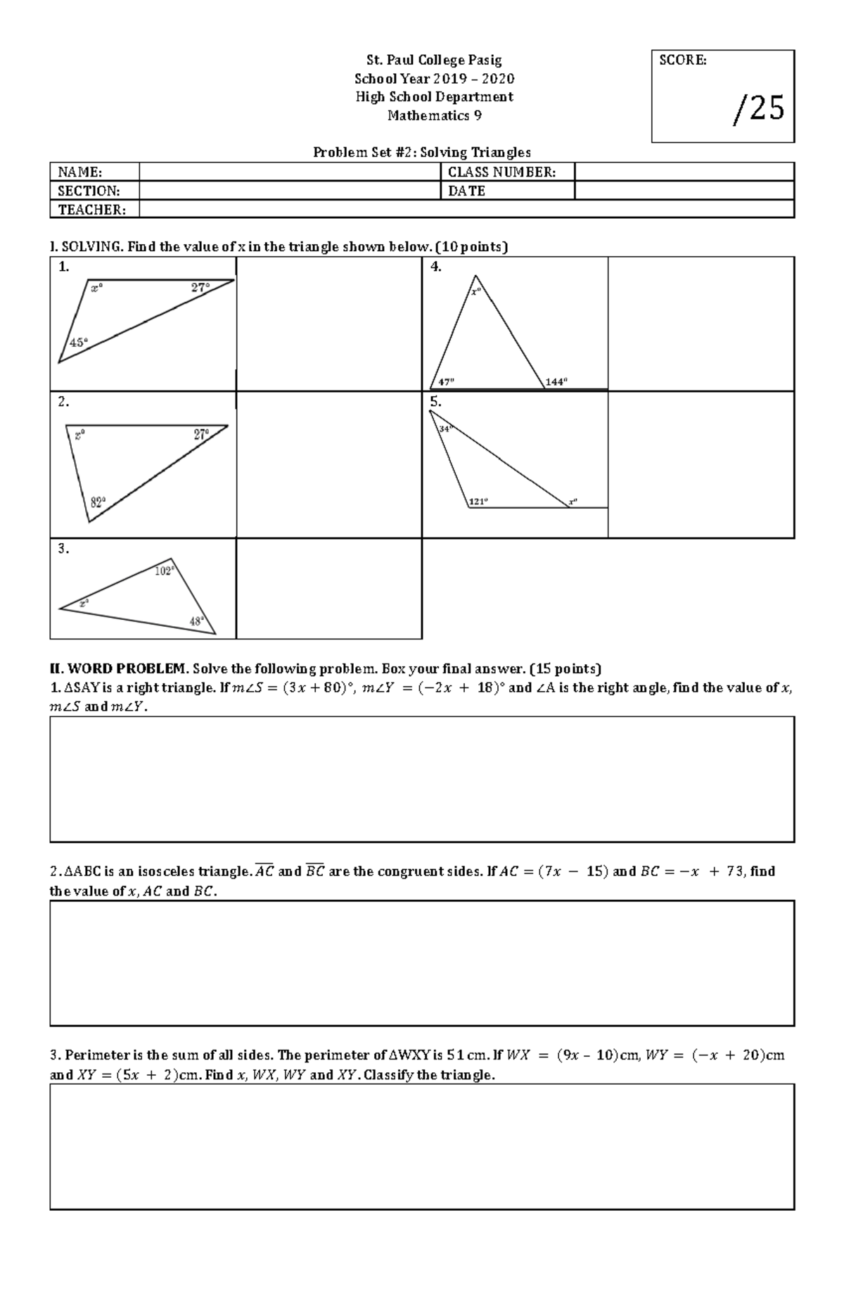 Problem Set 2 Solving Triangles - St. Paul College Pasig SCORE ...