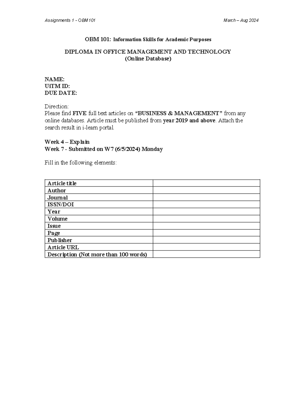 Assignment 1-Online Database Mar Aug 2024 - Assignments 1 - OBM101 ...