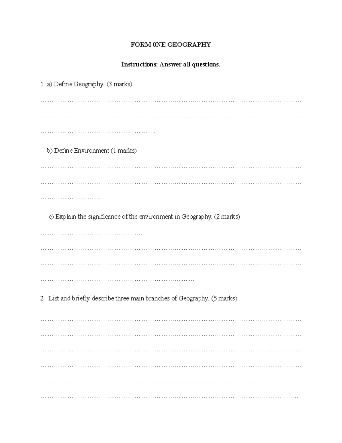 Form 0ne geography form 0ne geography instructions answer all