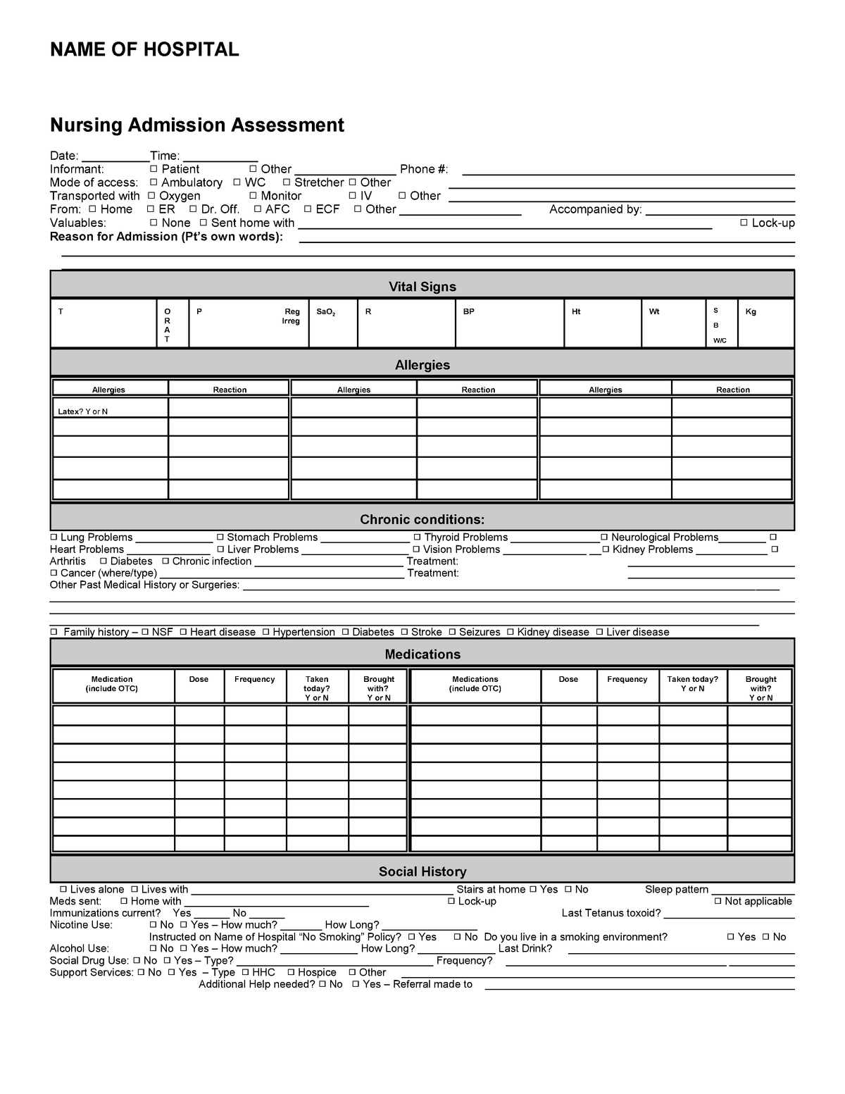 Admission Assessment Form Name Of Hospital Nursing Admission Assessment Date Time 7245