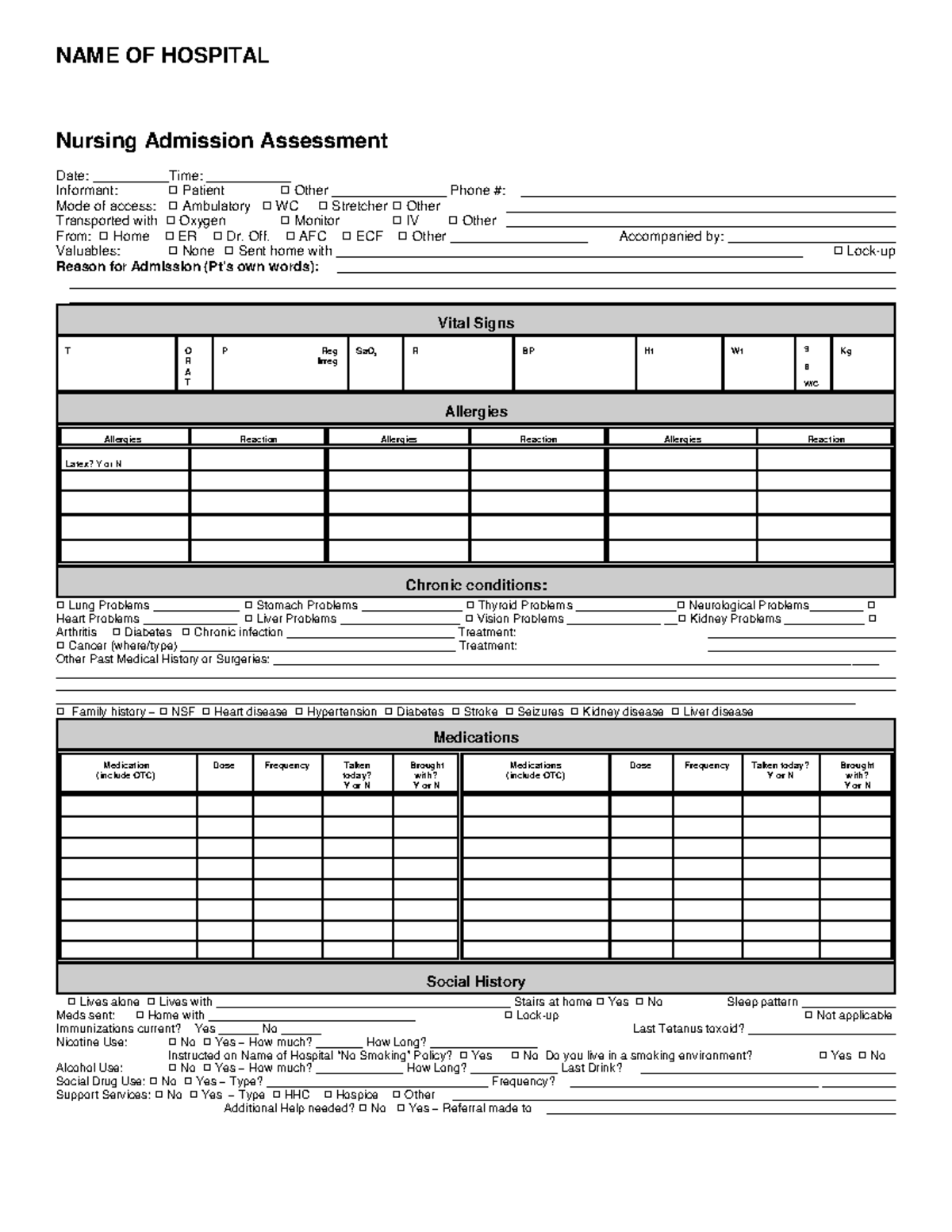 Admission Assessment Form NAME OF HOSPITAL Nursing Admission 