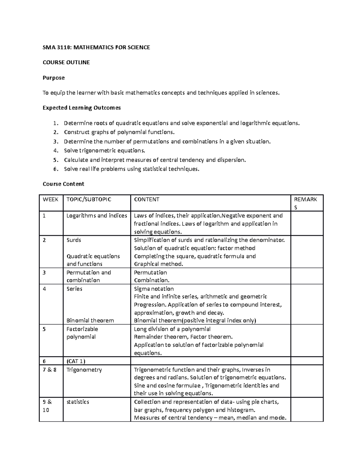 SMA 3110 course outline - SMA 3110: MATHEMATICS FOR SCIENCE COURSE ...