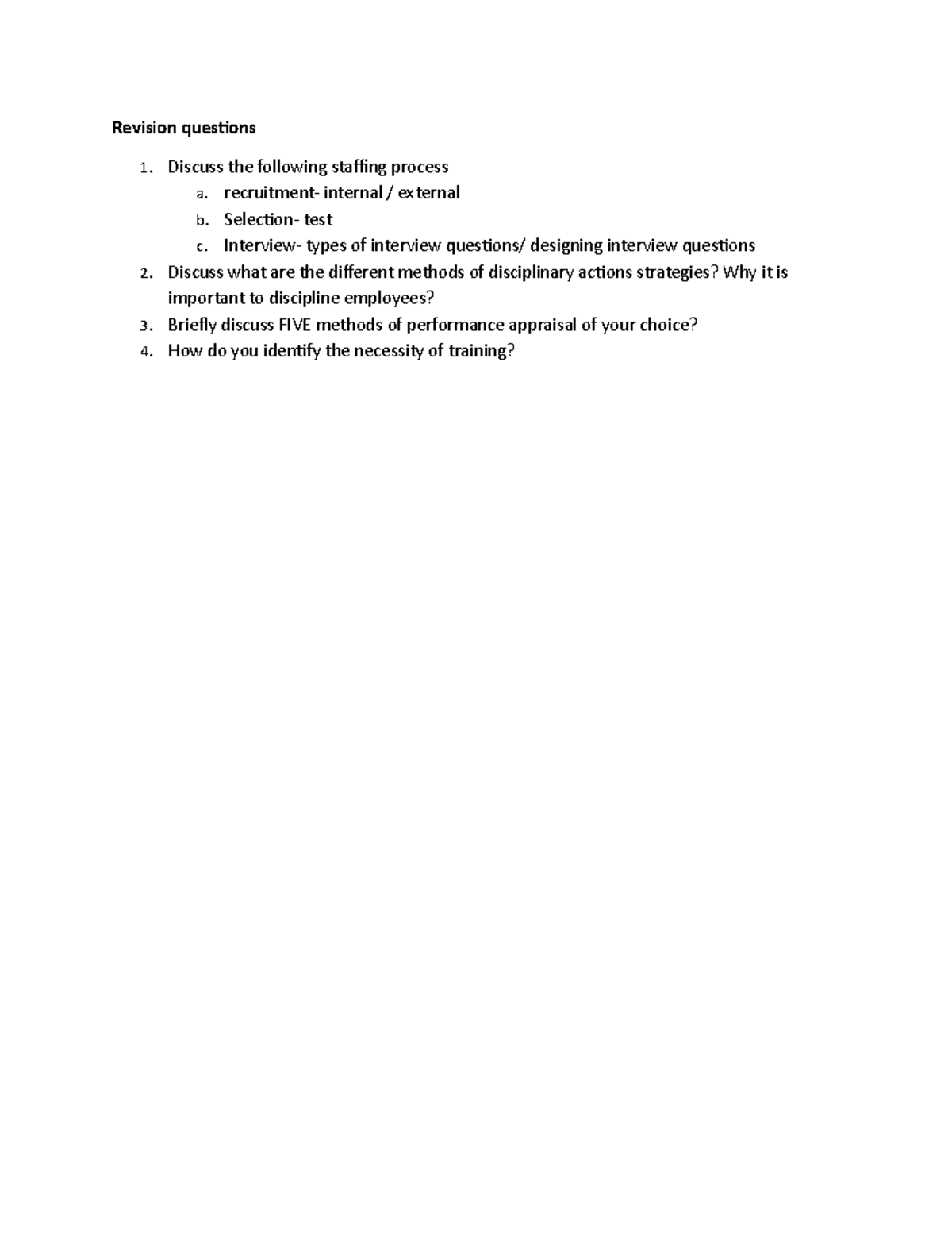 Revision questions for HRM Human Resource Management Revision