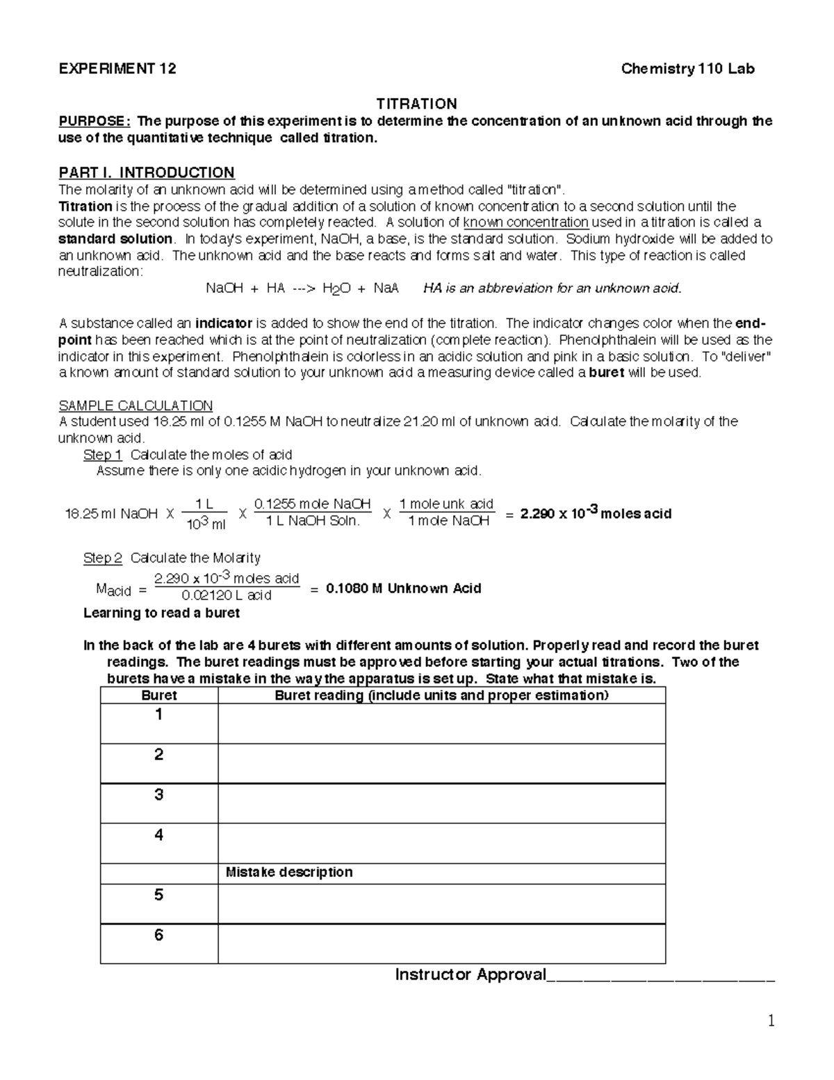 Chem 110 Exp 12 Titration EXPERIMENT 12 Chemistry 110 Lab TITRATION