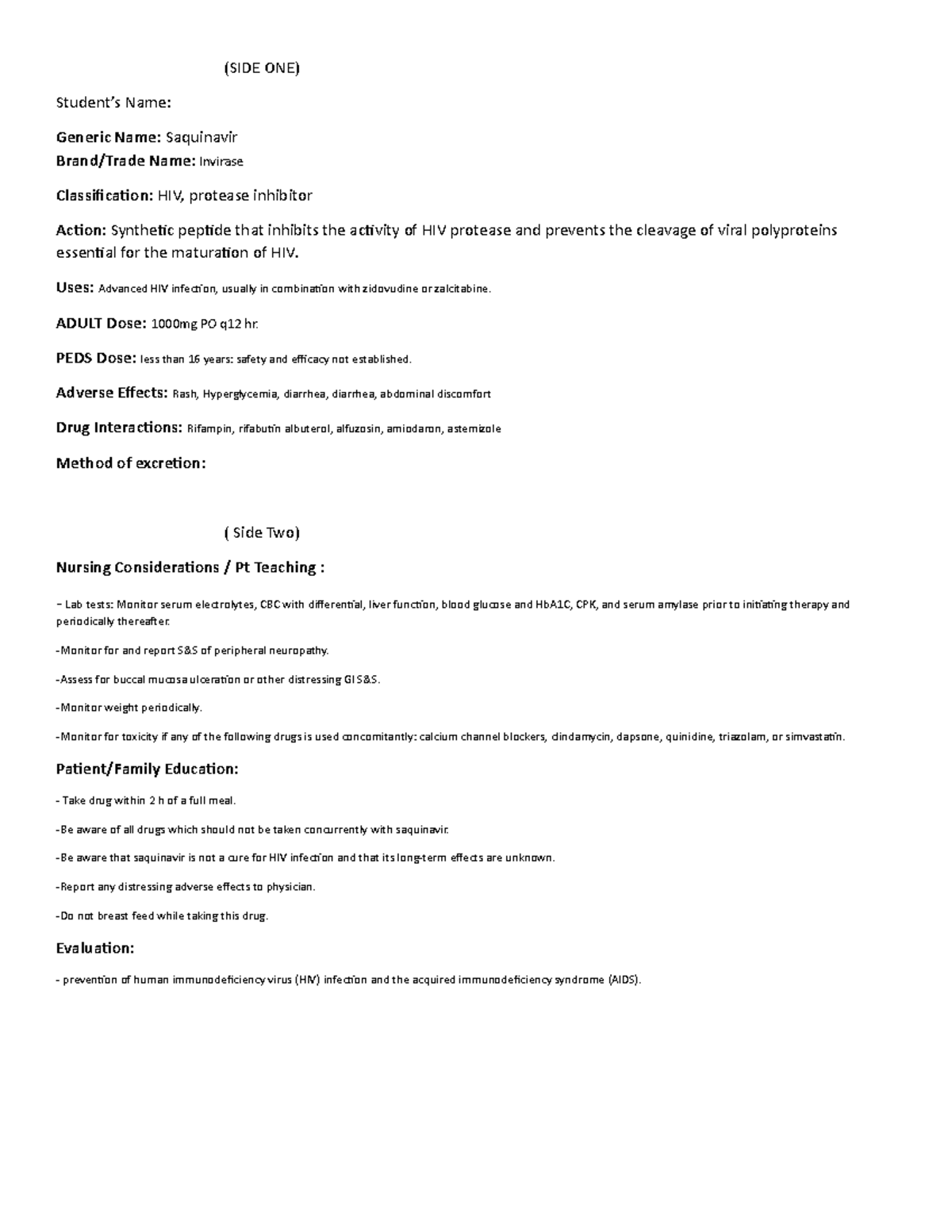 Medcard - Saquinavir - Med card - (SIDE ONE) Student’s Name: Generic ...