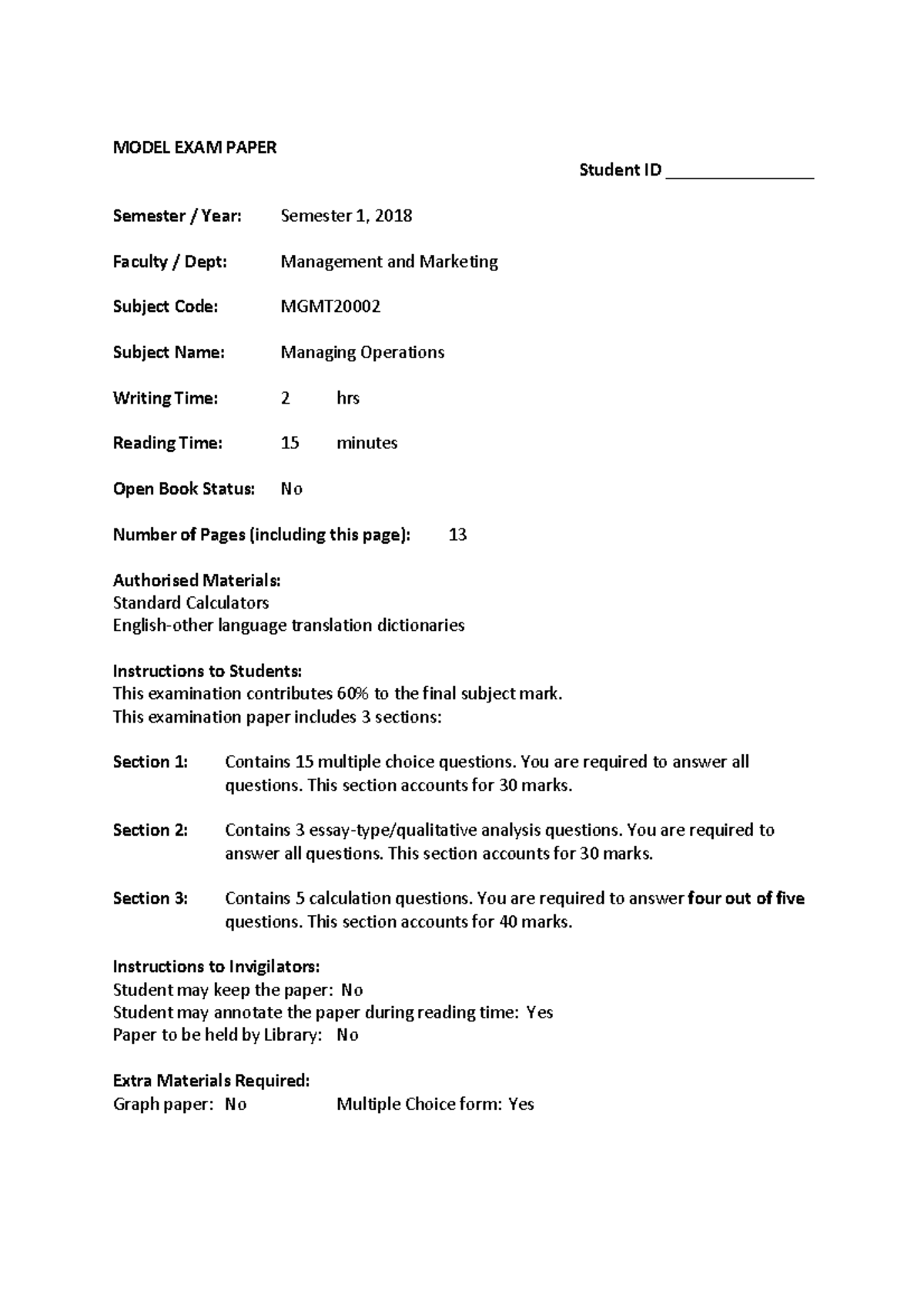 Practice Exam Questions 1 S1-2024 - MODEL EXAM PAPER Student ID ...
