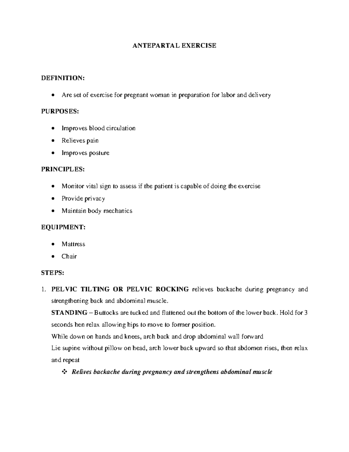 Antepartal Exercise - NOTES - ANTEPARTAL EXERCISE DEFINITION: Are set ...