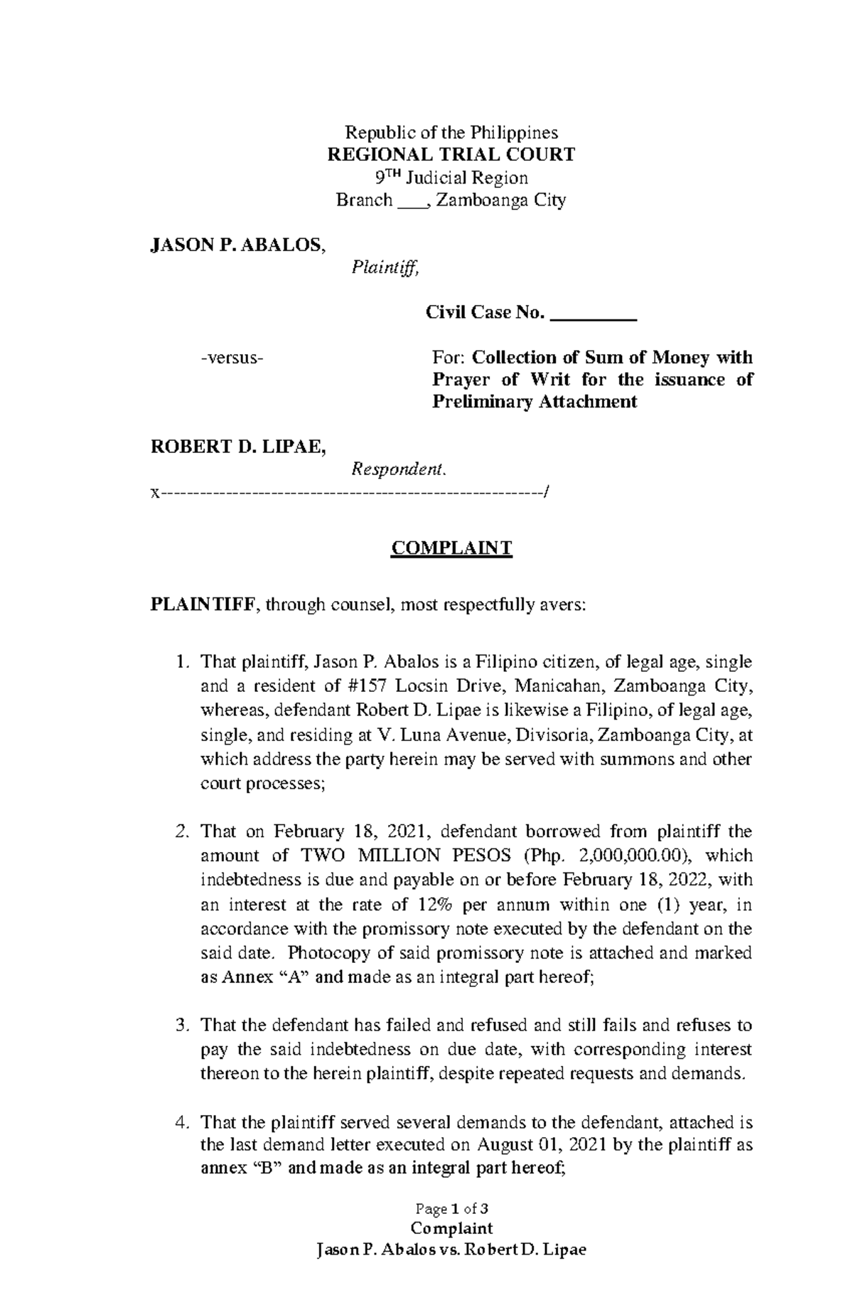 Complaint Assignment - sample - Page 1 of 3 Complaint Jason P. Abalos ...