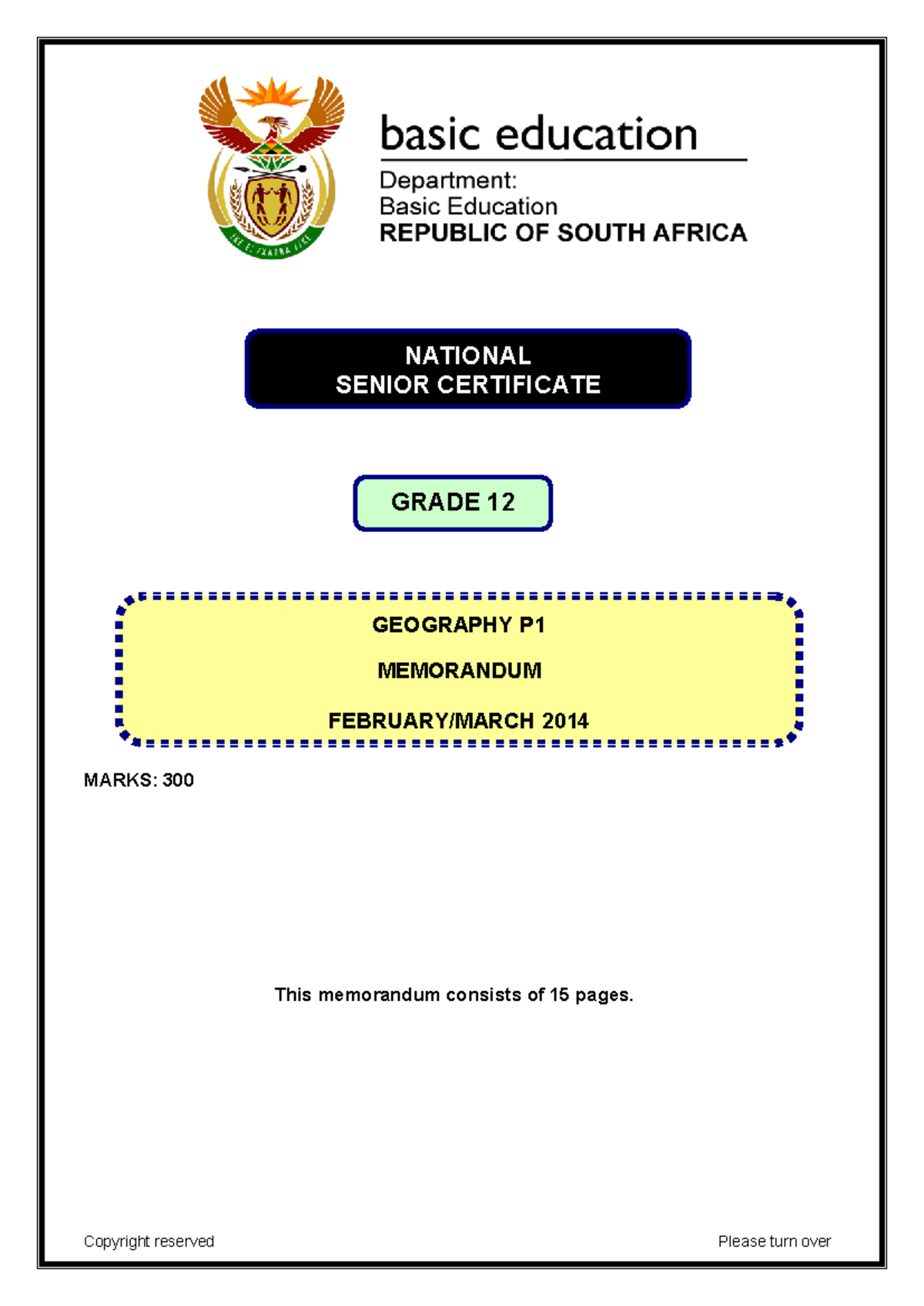 Geography P1 FebMarch 2014 Memo Eng MARKS 300 This memorandum