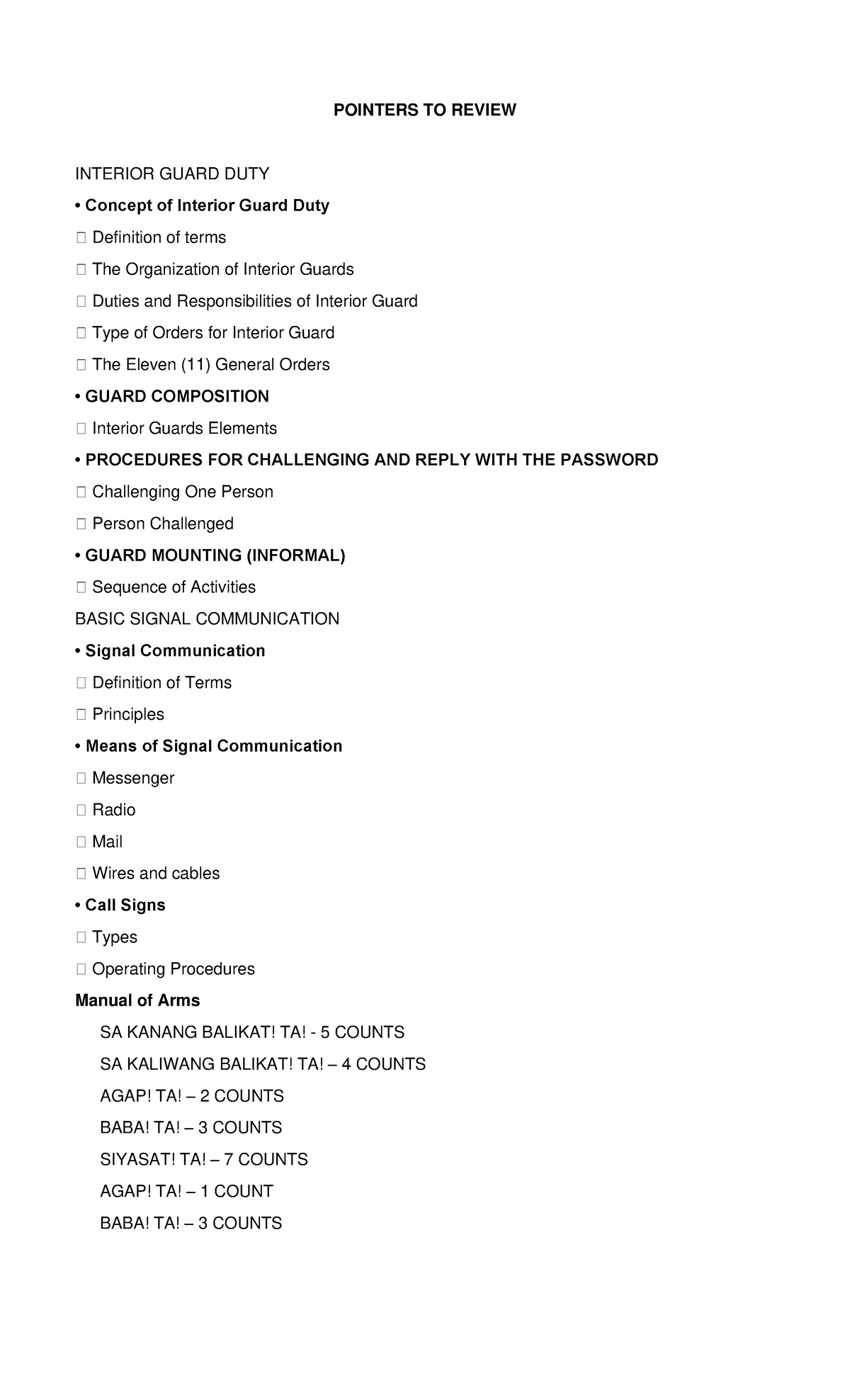 Prelim Pointers TO Review POINTERS TO REVIEW INTERIOR GUARD DUTY