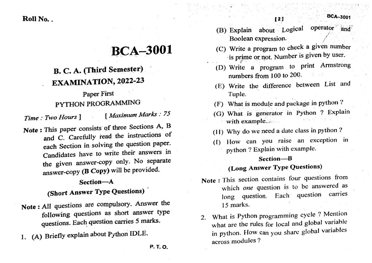 Bca 3 Sem Python Programming Bca 3001 2023 - Python Programming - Studocu