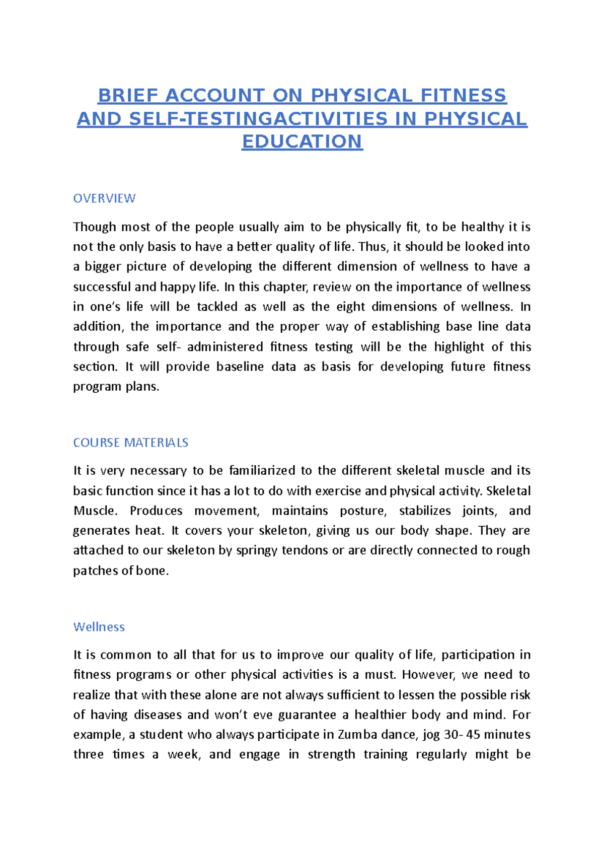 Brief Account ON Physical Fitness AND SELF Testingactivities IN ...