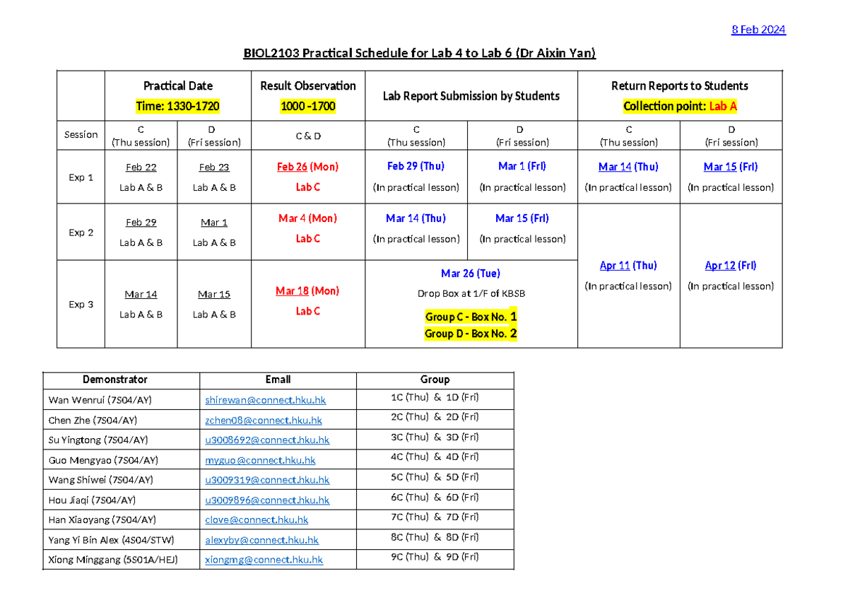 BIOL2103 Practical Schedule (student) 2023-24 2nd semester - 8 Feb 2024 ...