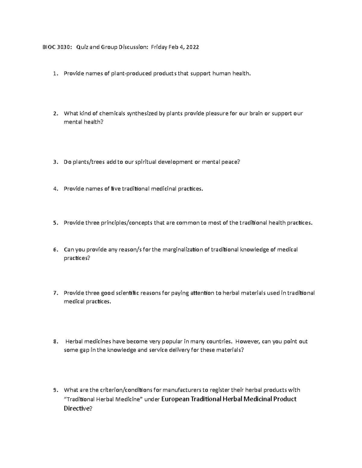 BIOC 3030 First Quiz Feb 4, 2022 - BIOC 3030: Quiz And Group Discussion ...