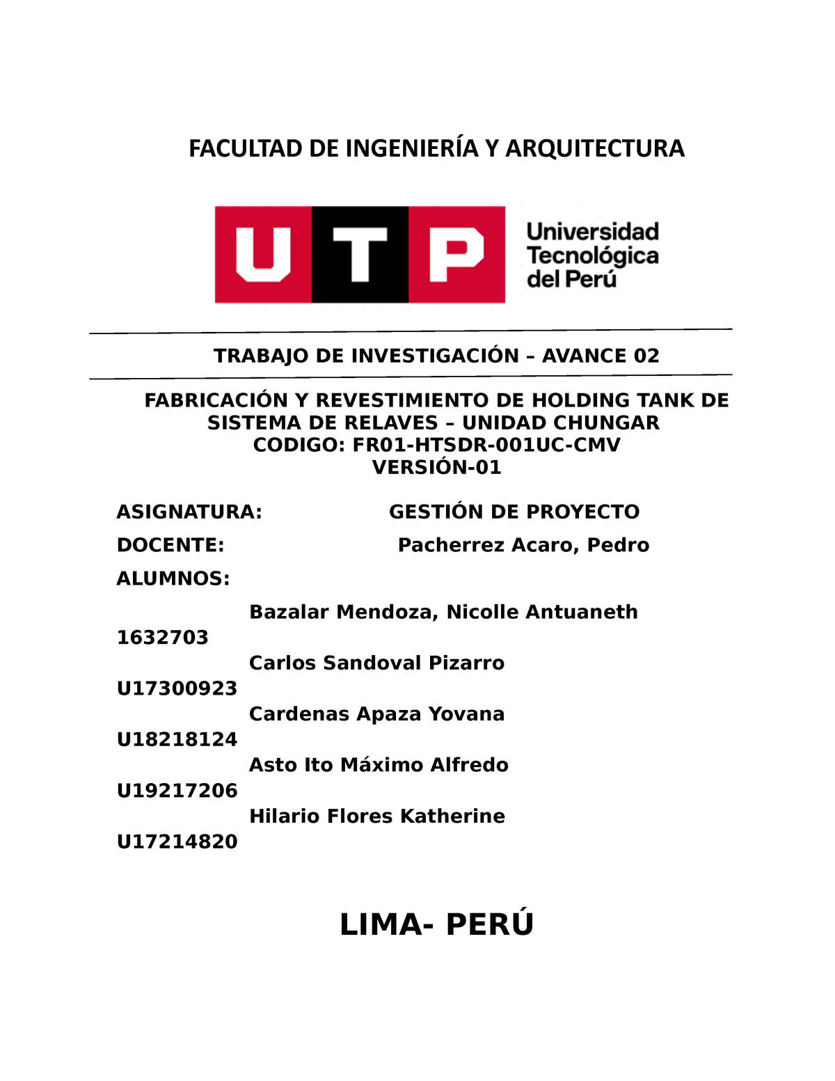 Gestion De Proyectos Avance 2 Facultad De IngenierÍa Y Arquitectura Trabajo De InvestigaciÓn 2202