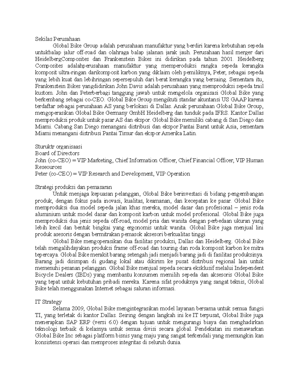 Tugas 1BPI Sekilas Perusahaan Global Bike Group adalah perusahaan