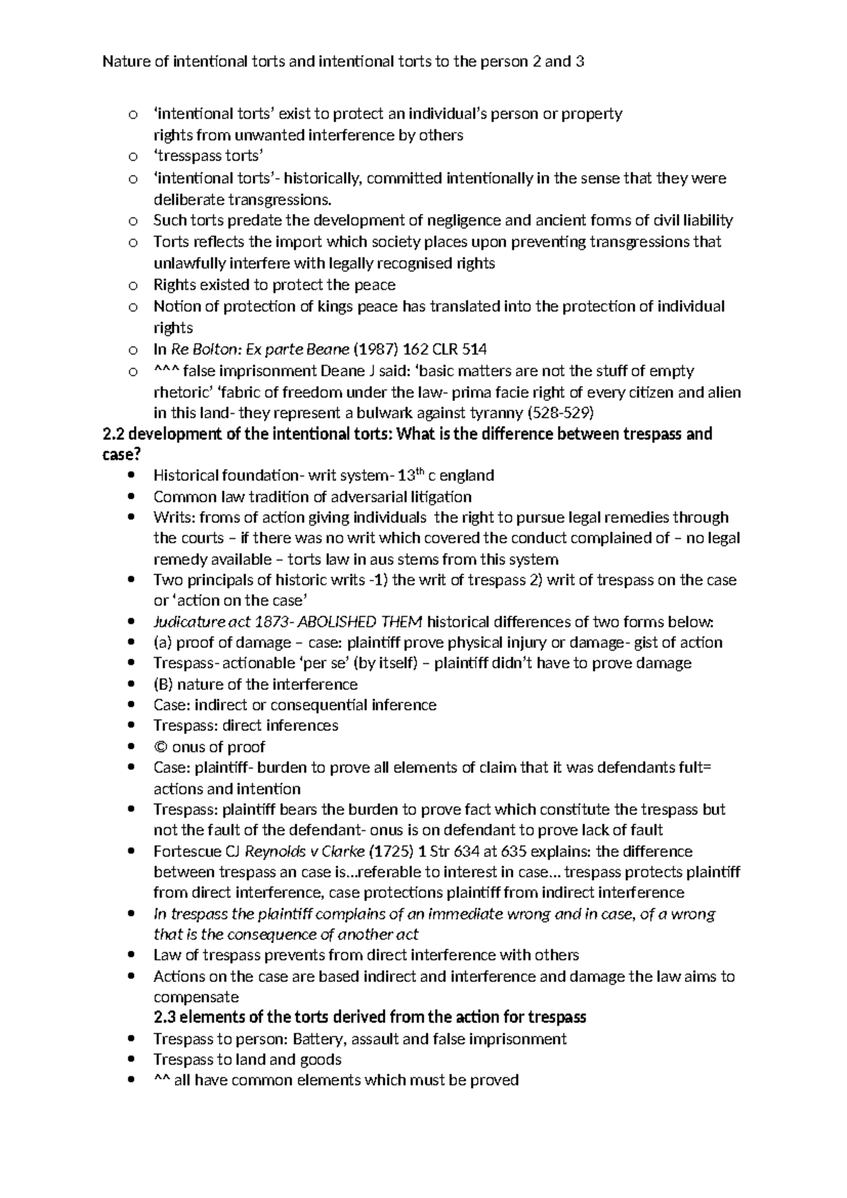 Torts summary chapter 2 3 week 2 readings - o ‘intentional torts’ exist ...