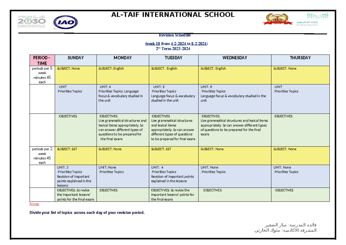 Revision Schedule 2nd Term 2023-24 8A - AL-TAIF INTERNATIONAL SCHOOL 2 ...