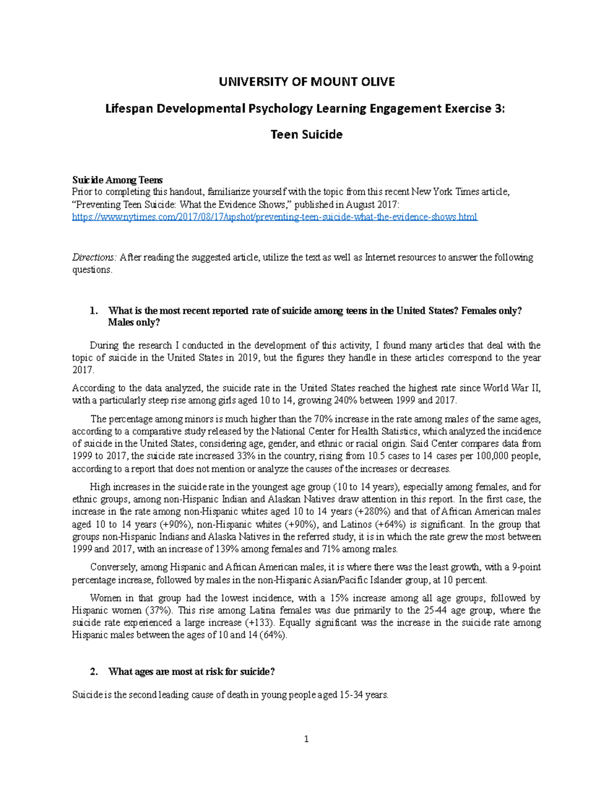 Exercise 3 Teen Suicide UNIVERSITY OF MOUNT OLIVE Lifespan