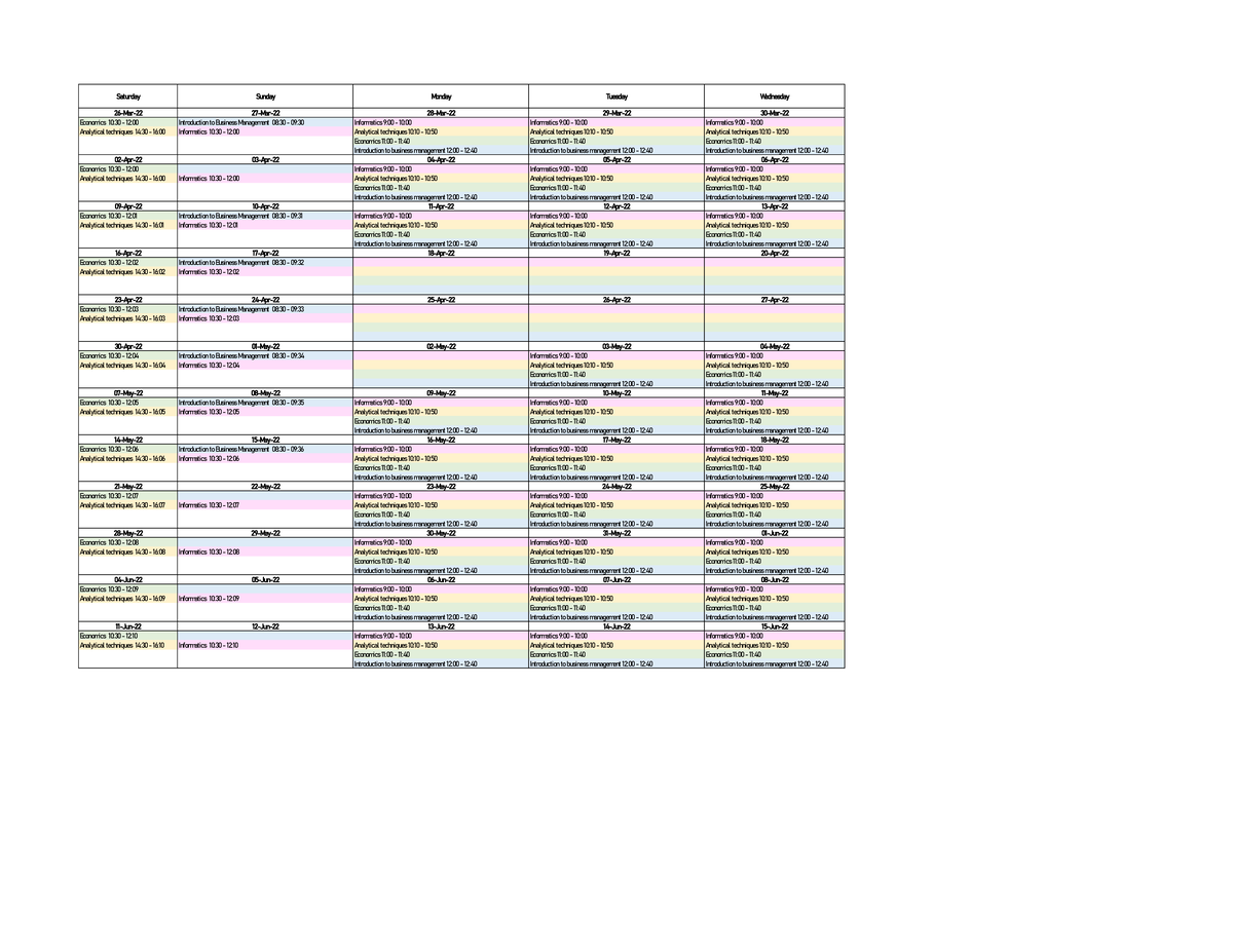 Schedule - Shedule for the year of 2022 - Saturday Sunday Monday ...