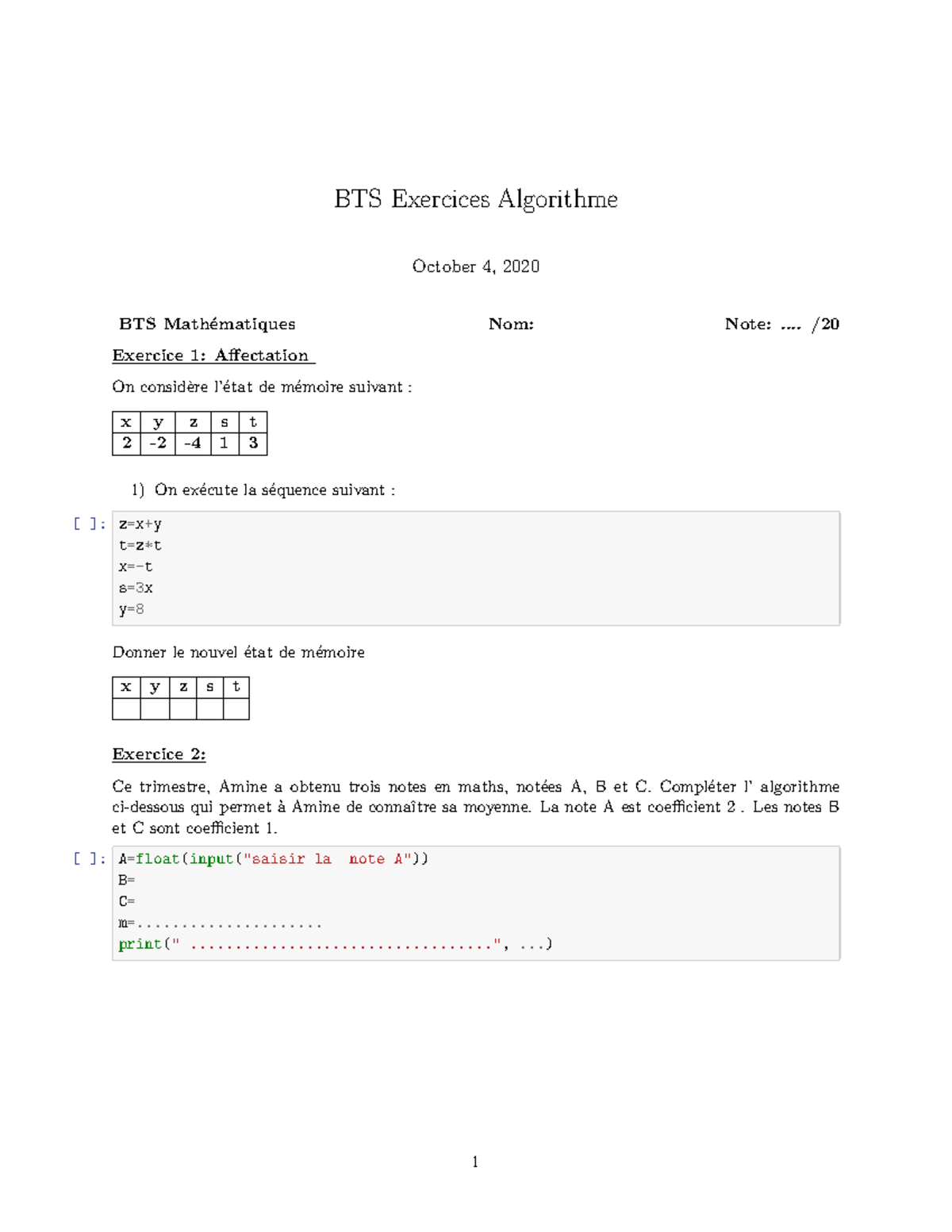 BTS Exercices Algorithme (21) - BTS Exercices Algorithme October 4 ...