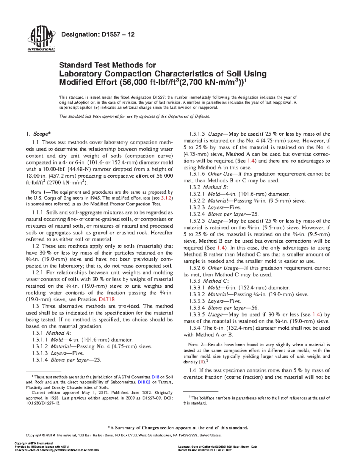 ASTM D1557 Lab Compaction of Soil - Designation: D1557 – 12 Standard ...
