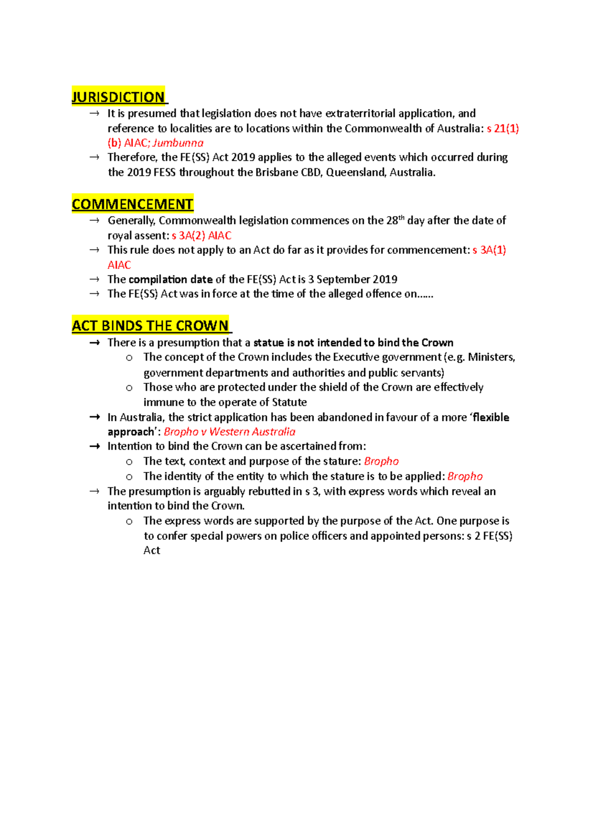 Statutory Exam Notes JURISDICTION It is presumed that legislation