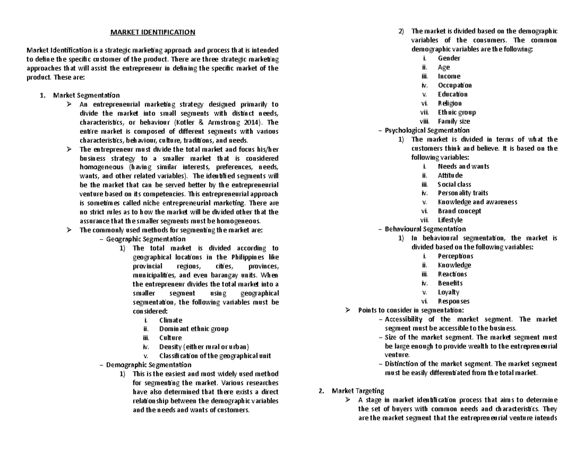 MARKET IDENTIFICATION MARKET IDENTIFICATION Market Identification Is