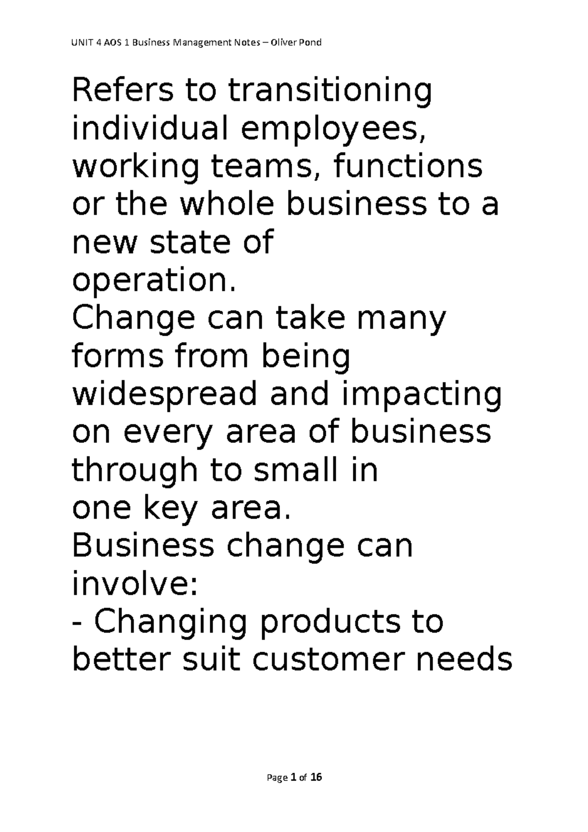Business management notes Unit 4 AOS 1 - Refers to transitioning ...