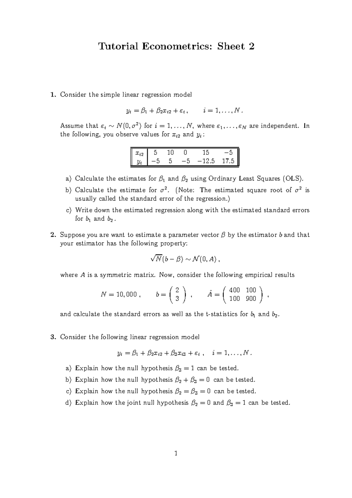 Sheet 2 Exercises There Are Questions About Econometrics Tutorial Work Tutorial 5588