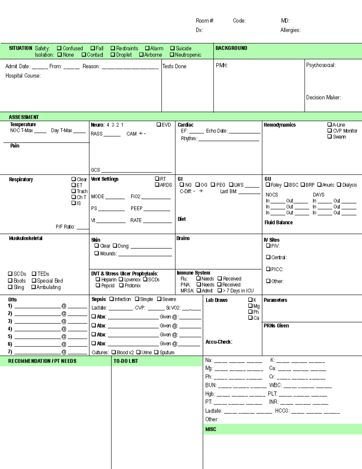 NURSE BRAIN ICU - Room #: Code: MD: Dx: Allergies: ASSESSMENT ...