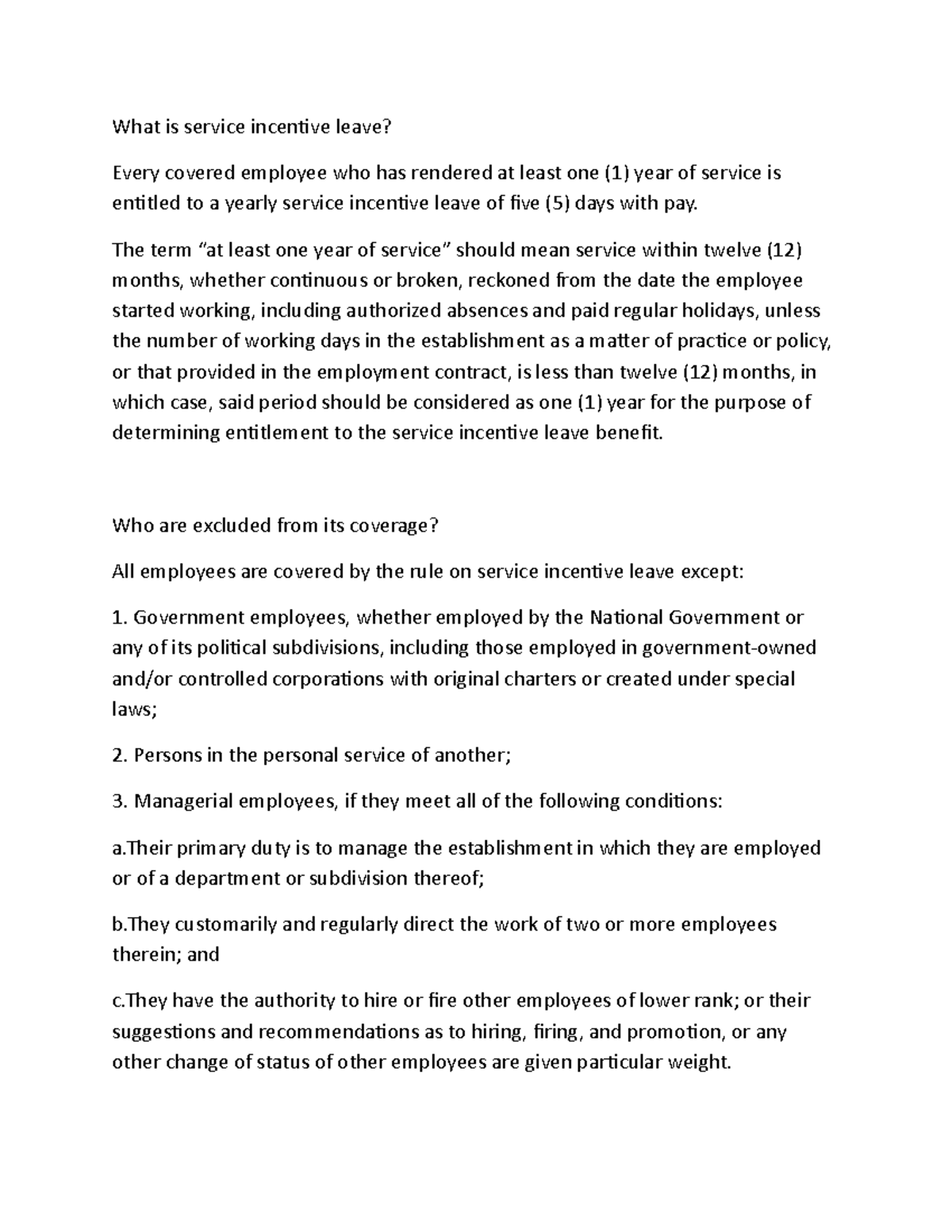 Labor relations 3 - Notes - What is service incentive leave? Every ...