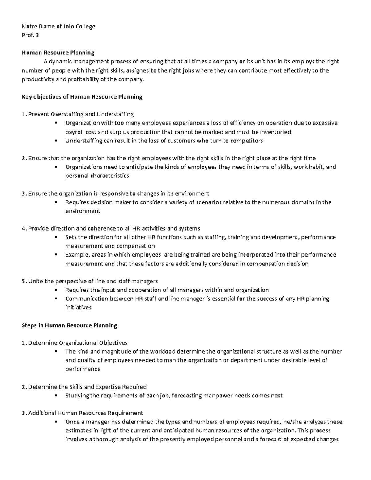 Human Resource Planning Notre Dame of Jolo CollegeProf. 3 Human