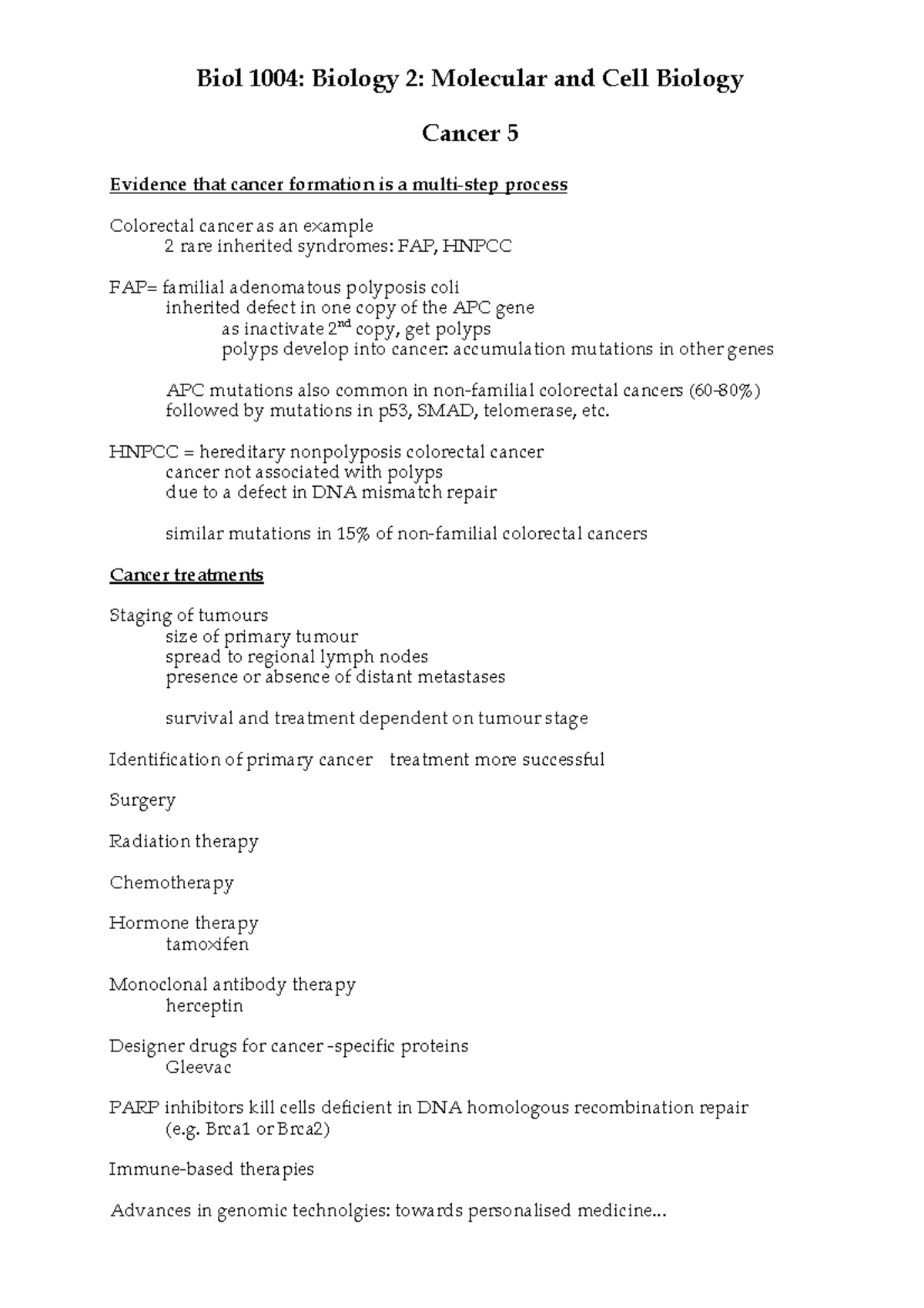 Cancer 5 - Dr. Aude Fahrer - Biol 1004: Biology 2: Molecular and Cell ...