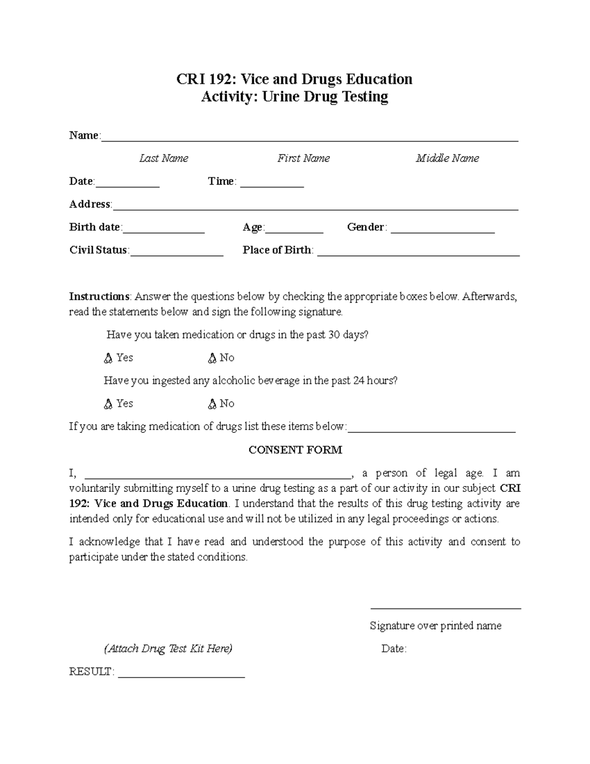 Drug Test Form - Drug Test form for Drug testing activity - CRI 192 ...