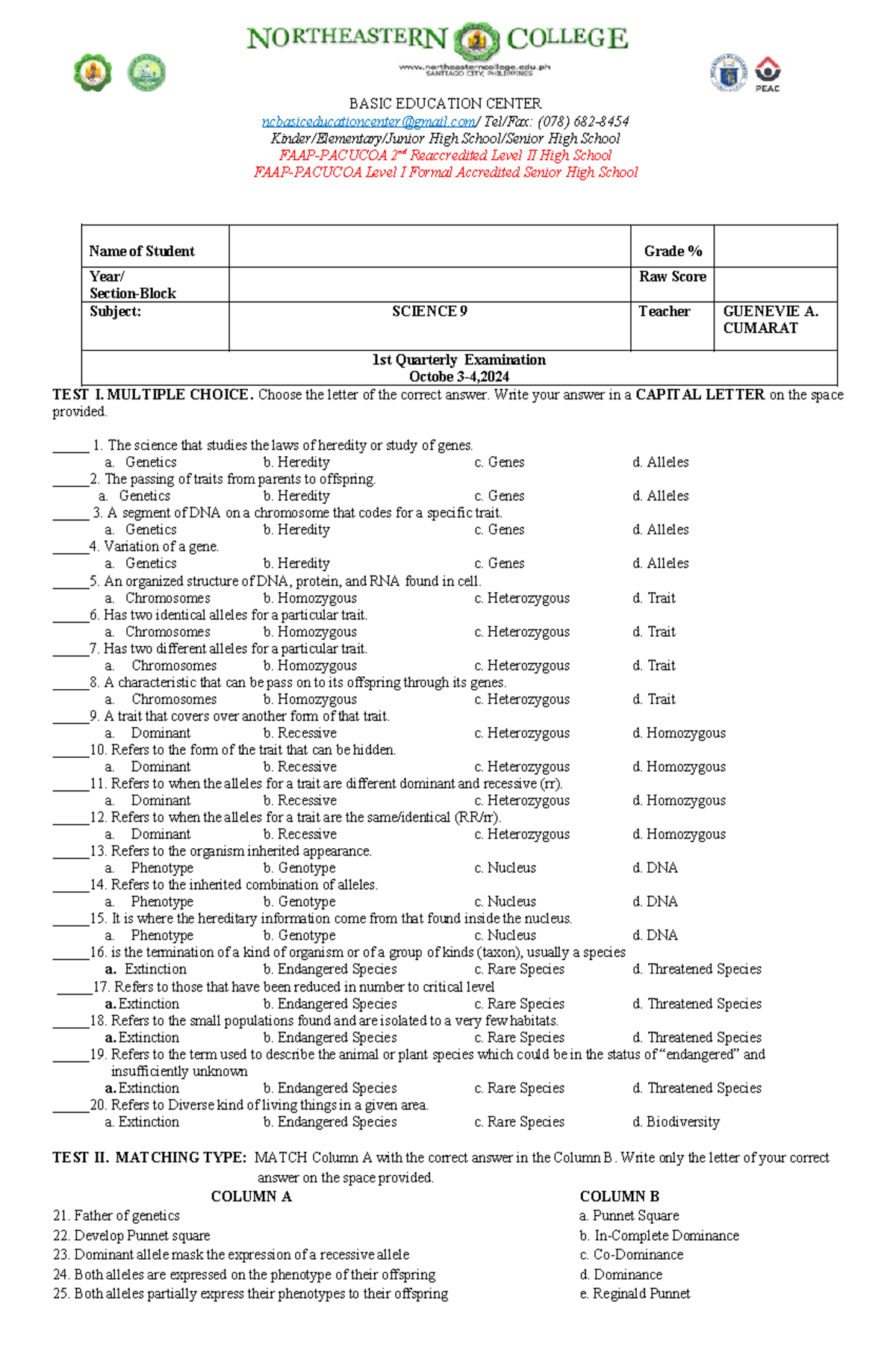 1ST Quarterly EXAM 7-9 - Exam - BASIC EDUCATION CENTER ...