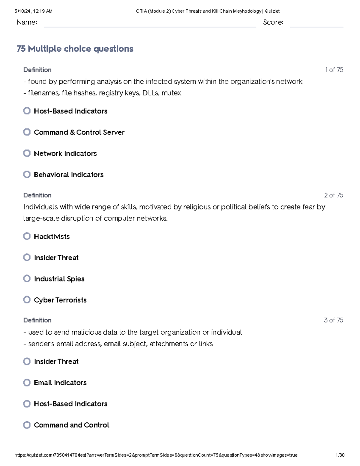 CTIA (Module 2) Cyber Threats and Kill Chain Meyhodology Quizlet - Name ...