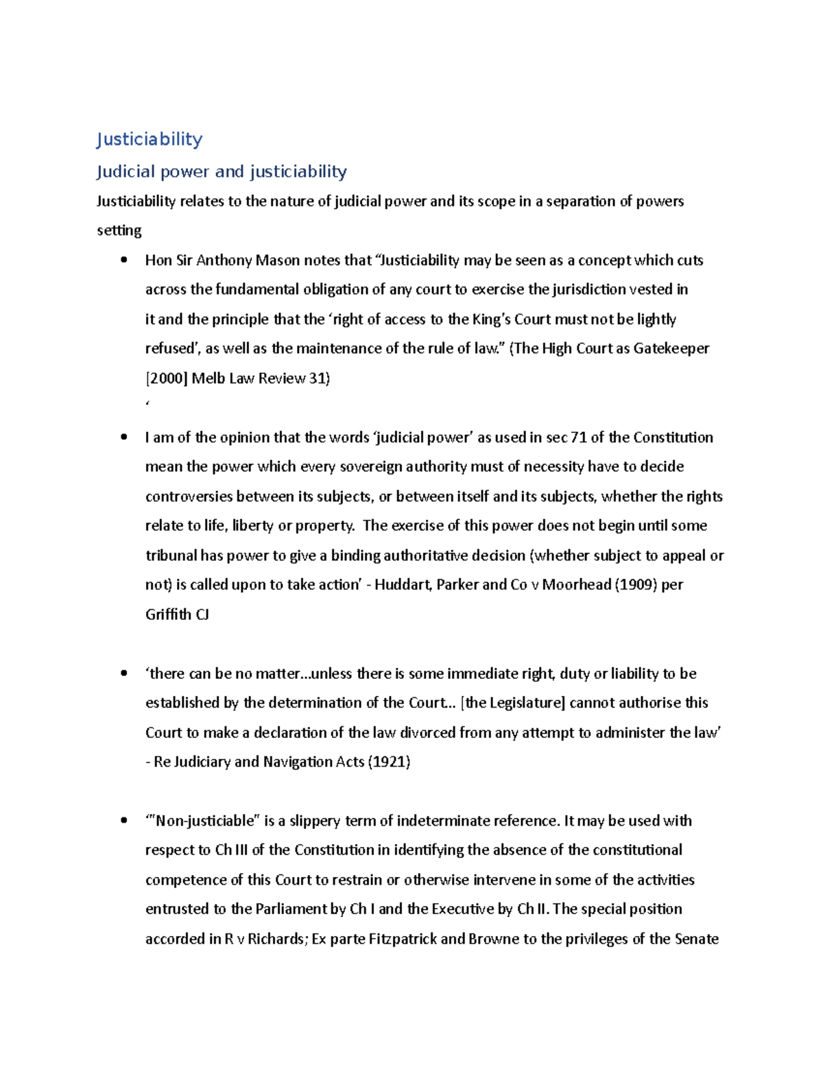Justiciability Notes - Justiciability Judicial power and justiciability ...