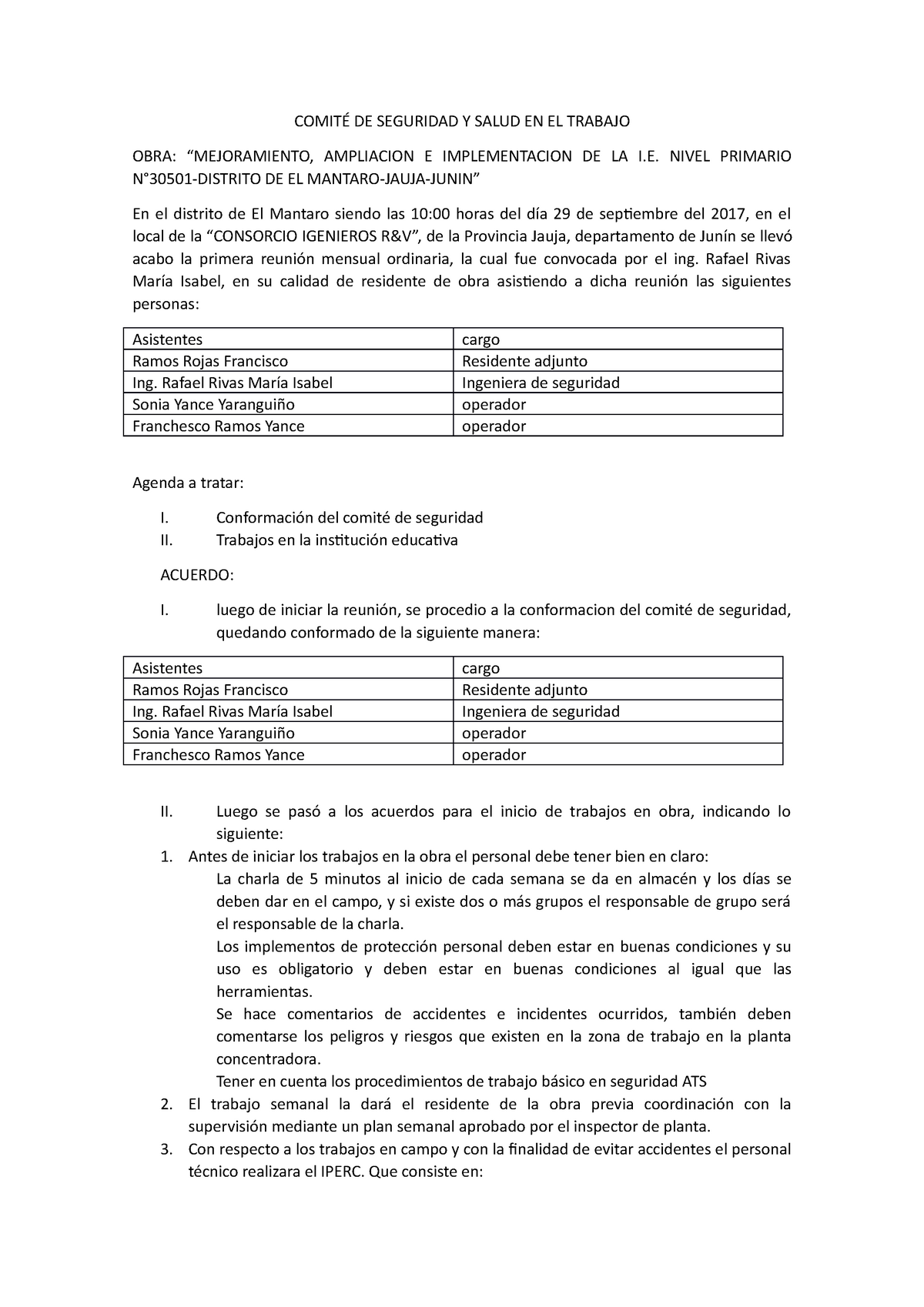 Acta De Conformacion De Comité De Seguridad Y Salud En El Trabajo